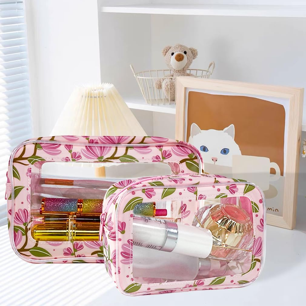 Transparent Waterproof Cosmetic Bag Made of PVC with Floral Pattern, 21 X 13.5 X 7 Cm, Travel Organiser for Day Care, Men and Women, Pink + Flowers, Modern image number 4