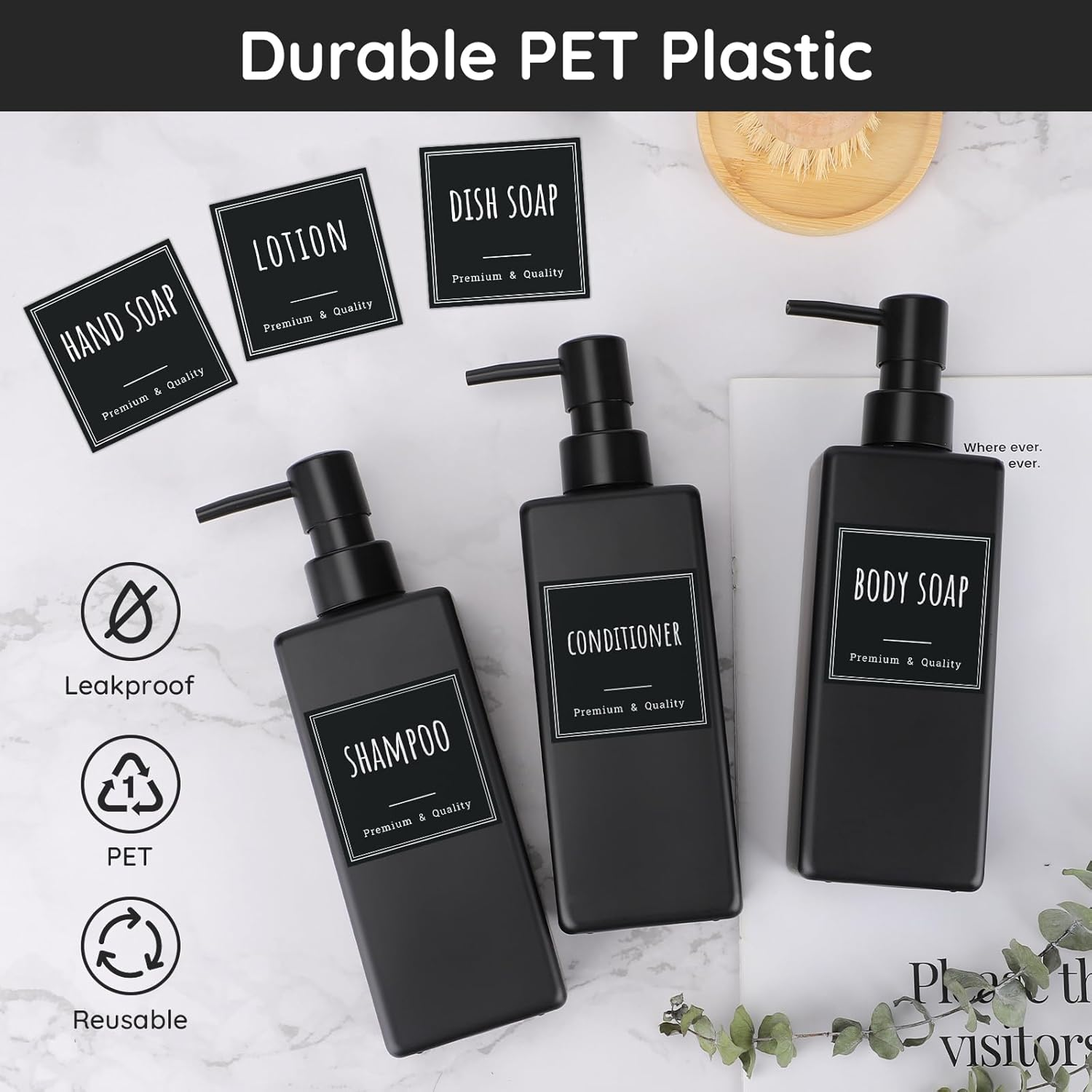 Segbeauty Shampoo and Conditioner Dispenser, 3Pcs 500Ml Hand Soap Dispenser, Pump Bottle Dispenser, Refillable Dish Soap Dispenser, Black Soap Dispenser with Labels image number 5