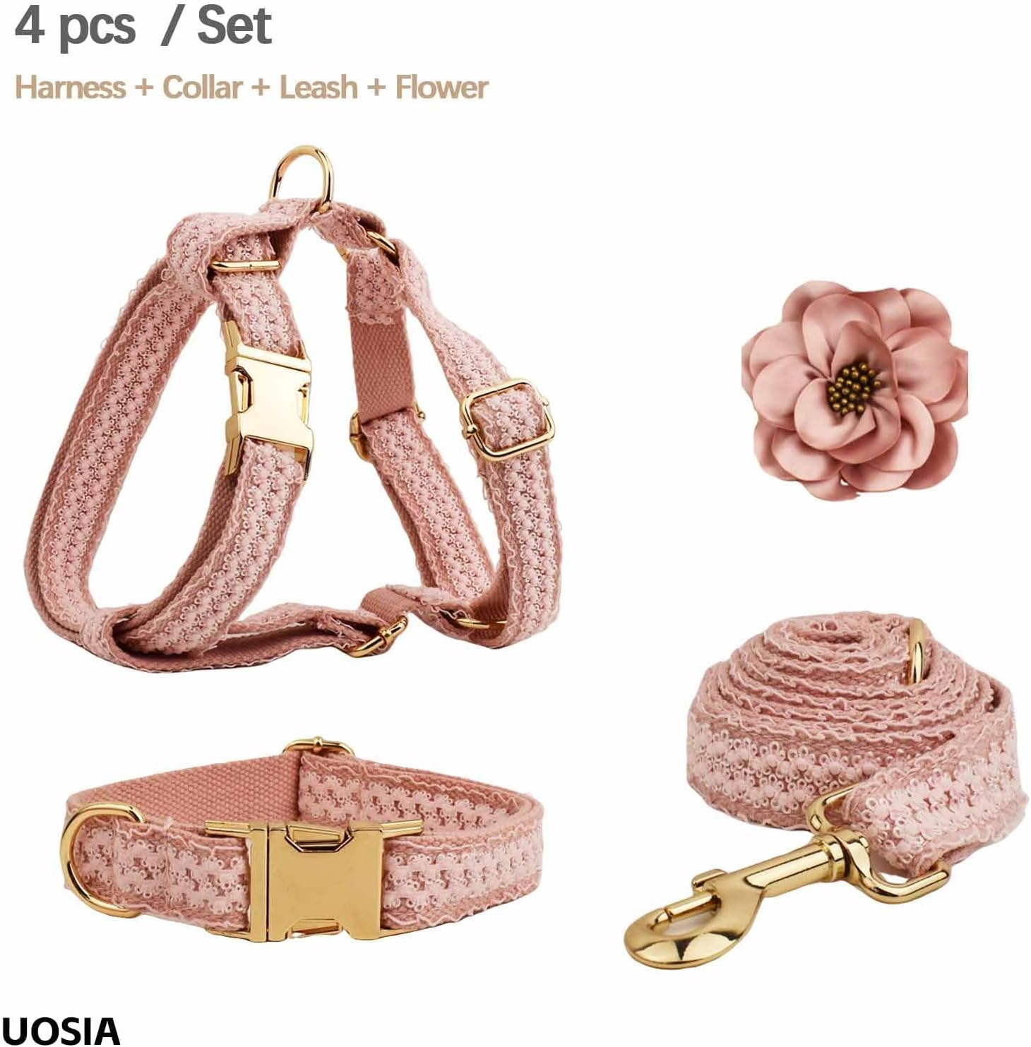 UOSIA Girl Dog Collar Harness & Leash Set Luxury Lace Dog Collar White Wedding Dog Collar with Flower Adjustable Pet Vest Harness for Small Medium Large Dogs image number 2