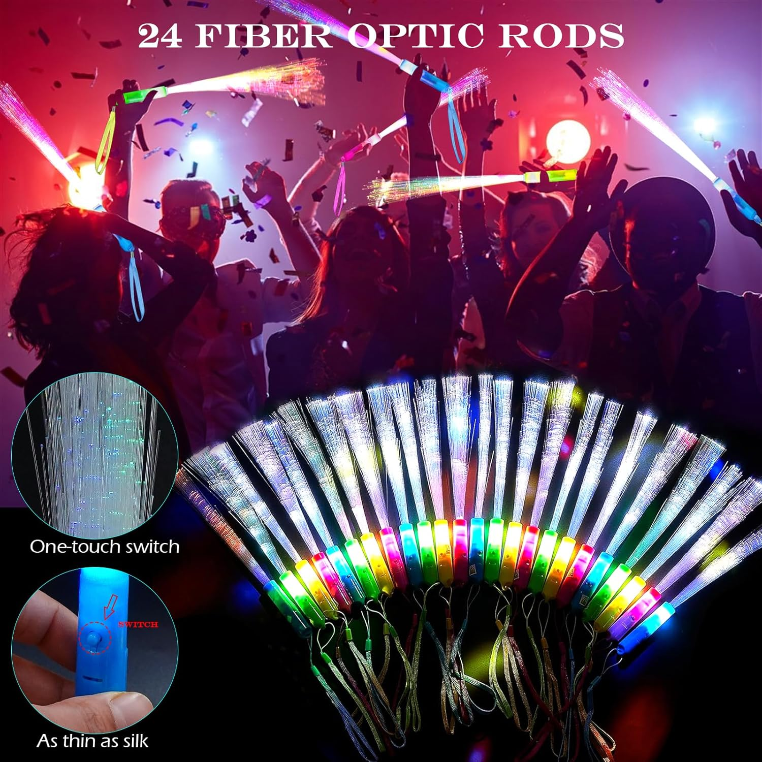 Auolen 290 PCS Glow in the Dark Party Supplies, 24 Glow Fiber Optic Wands, 15 LED Glasses and 200 Glow Sticks, 33 Finger Lights, 18 Hairs, Glow Party Favors for Halloween, Concert, Raves Birthday image number 4