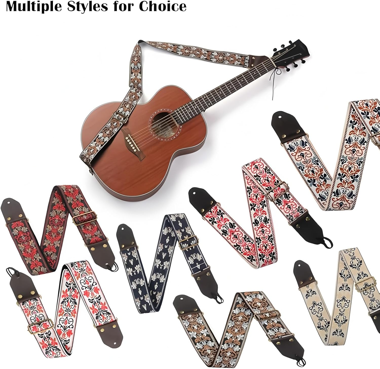 Leather Guitar Strap with Cotton Jacquard Embroidery - Adjustable for Bass/Electric/Acoustic Guitar, Padded Shoulder Support, Includes Strap Locks & Picks image number 1