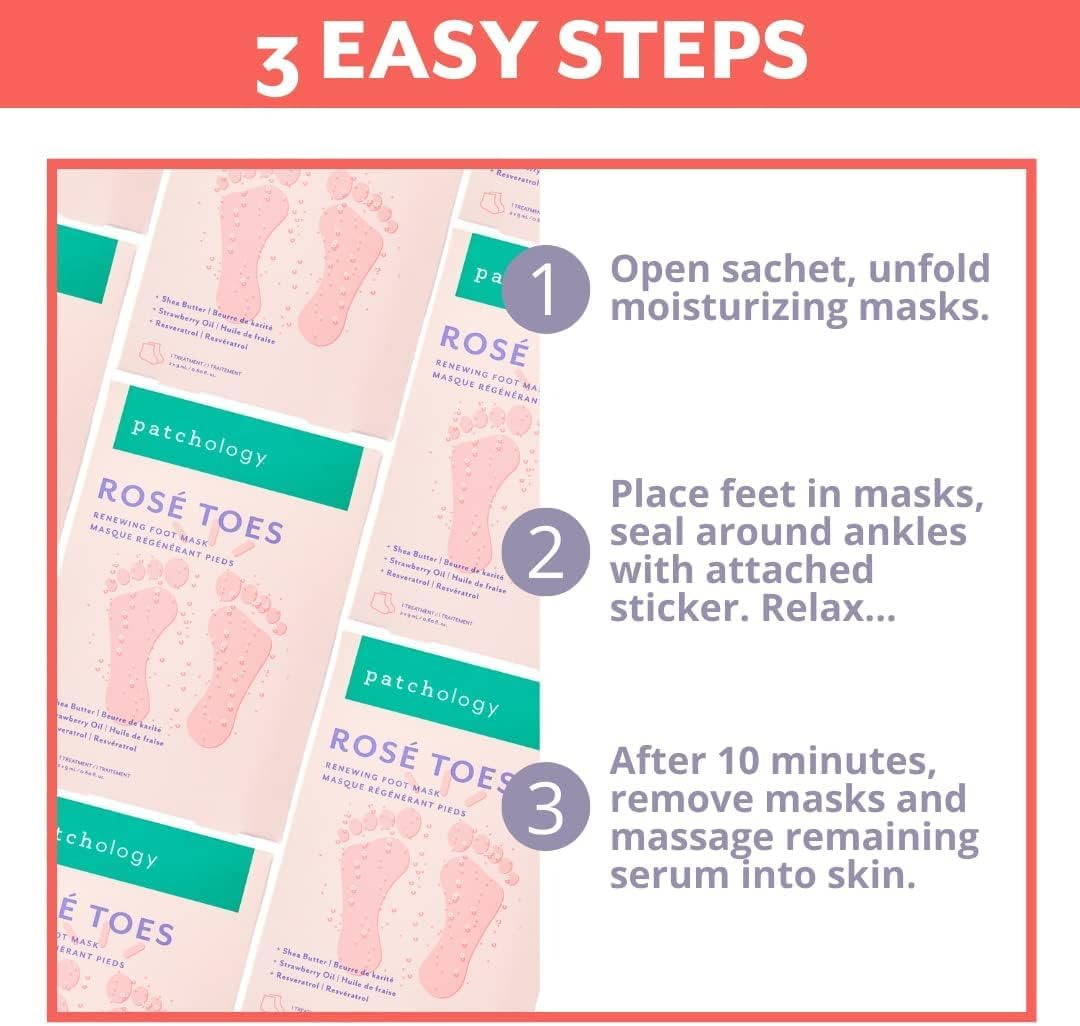 Patchology Ros&eacute; Toes Moisturizing Foot Mask &ndash; Shea Butter & Strawberry Scented Booties for Dry, Cracked Feet, Disposable Spa Socks with Resveratrol for Soothing Foot Care, Self-Care Essentials