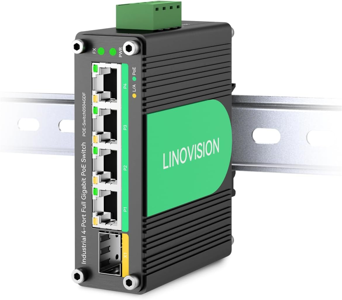 LINOVISION Industrial 4 Ports Gigabit Solar Poe Switch with DC9～57V Redundant Power Input, 12V Poe Switch with SFP Uplink, Ieee802.3Af/At @120W, Compact Poe Power for Solar Power/Rv Truck/Voip Systems image number 1