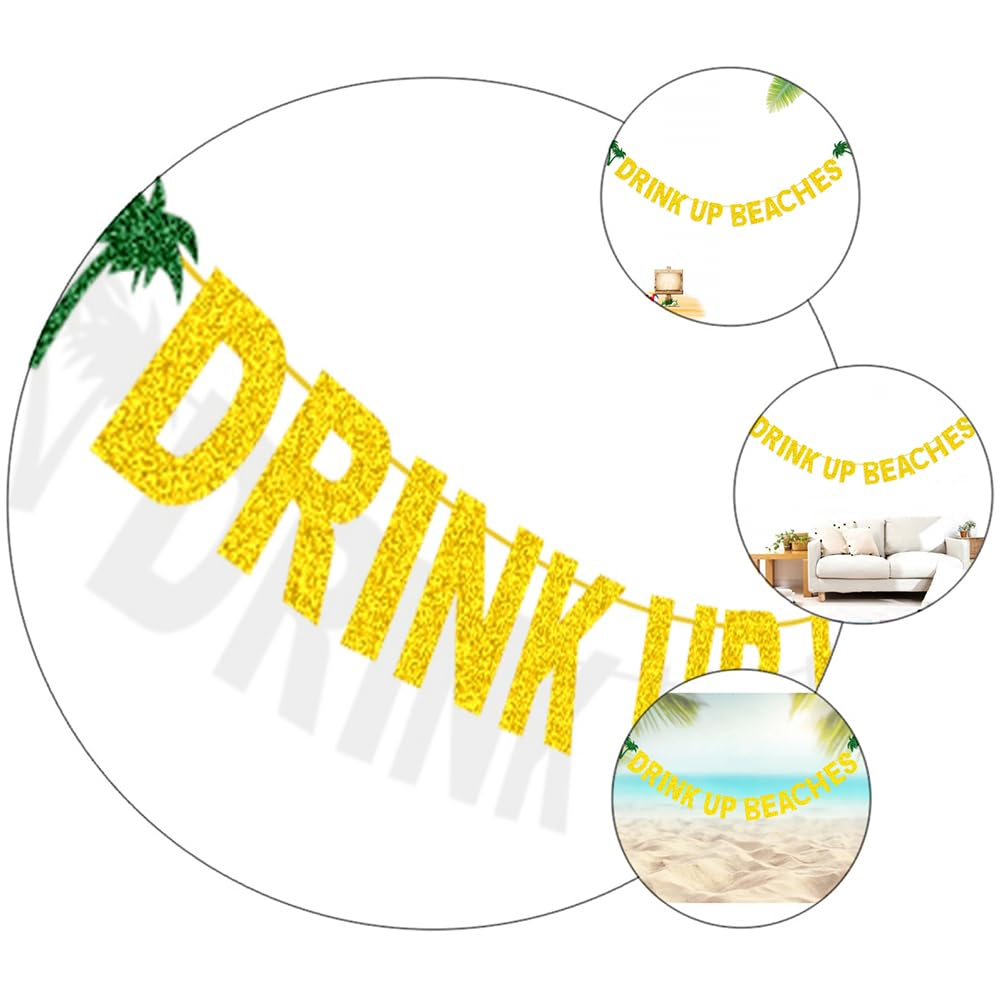 Cabilock Hawaiian Party Banner - Golden Palm Tree Drink up Beaches' Pennant for Summer Gatherings and Beach Themed Events image number 1
