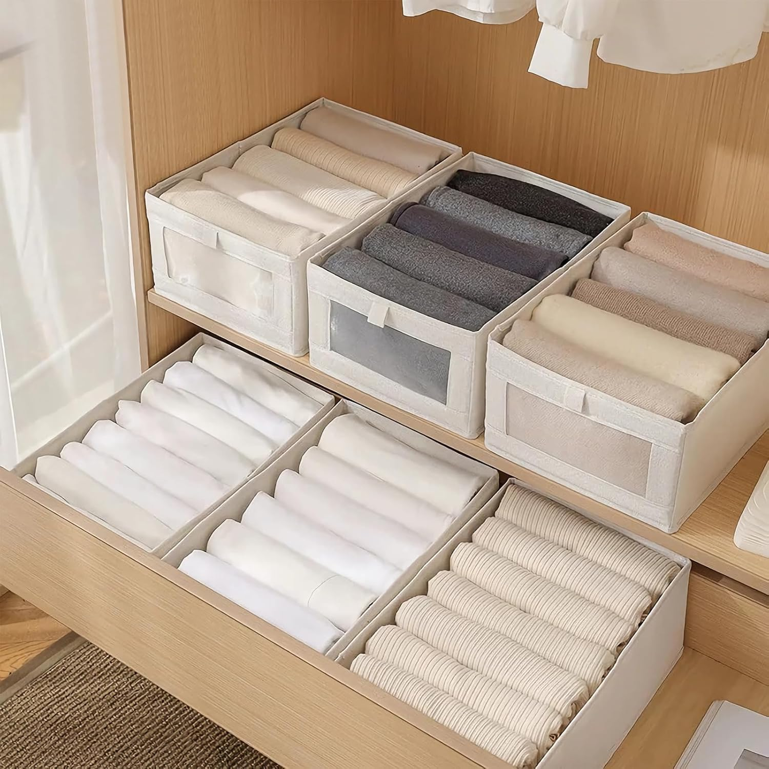 6 Pack Linen Closet Organizers and Storage Clothing Bins Large Foldable Box with Window Storage Baskets for Closet Shelf Jeans Clothes Toys Organization, Cube Storage Boxes for Organizing image number 4