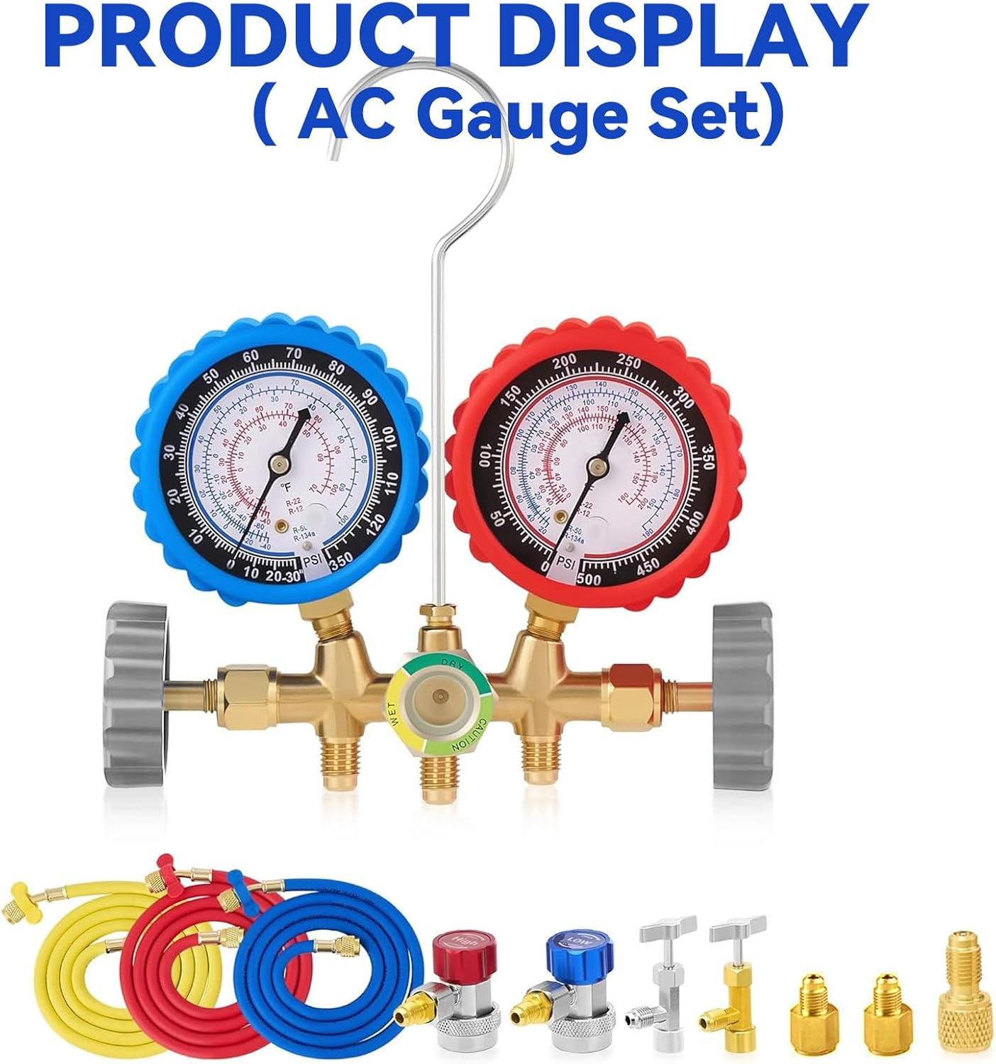 AC Manifold Gauge Set for R134A R12 R22 R502, 3 Way Refrigerant Diagnostic Kit with 1.2M Hose, Quick Couplers, Puncturing Can Tap, 1/4" to 1/2" Adapter for Car and Home HVAC Recharge and Maintenance image number 4