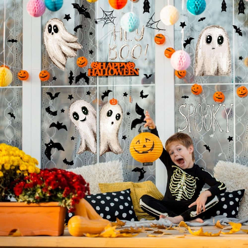 DIYDEC 6 Sheets Halloween Window Clings Large Halloween Ghosts Window Decals Double Side Scary Ghosts Bat Stickers for Holiday Home Office School Decor Glass Decoration