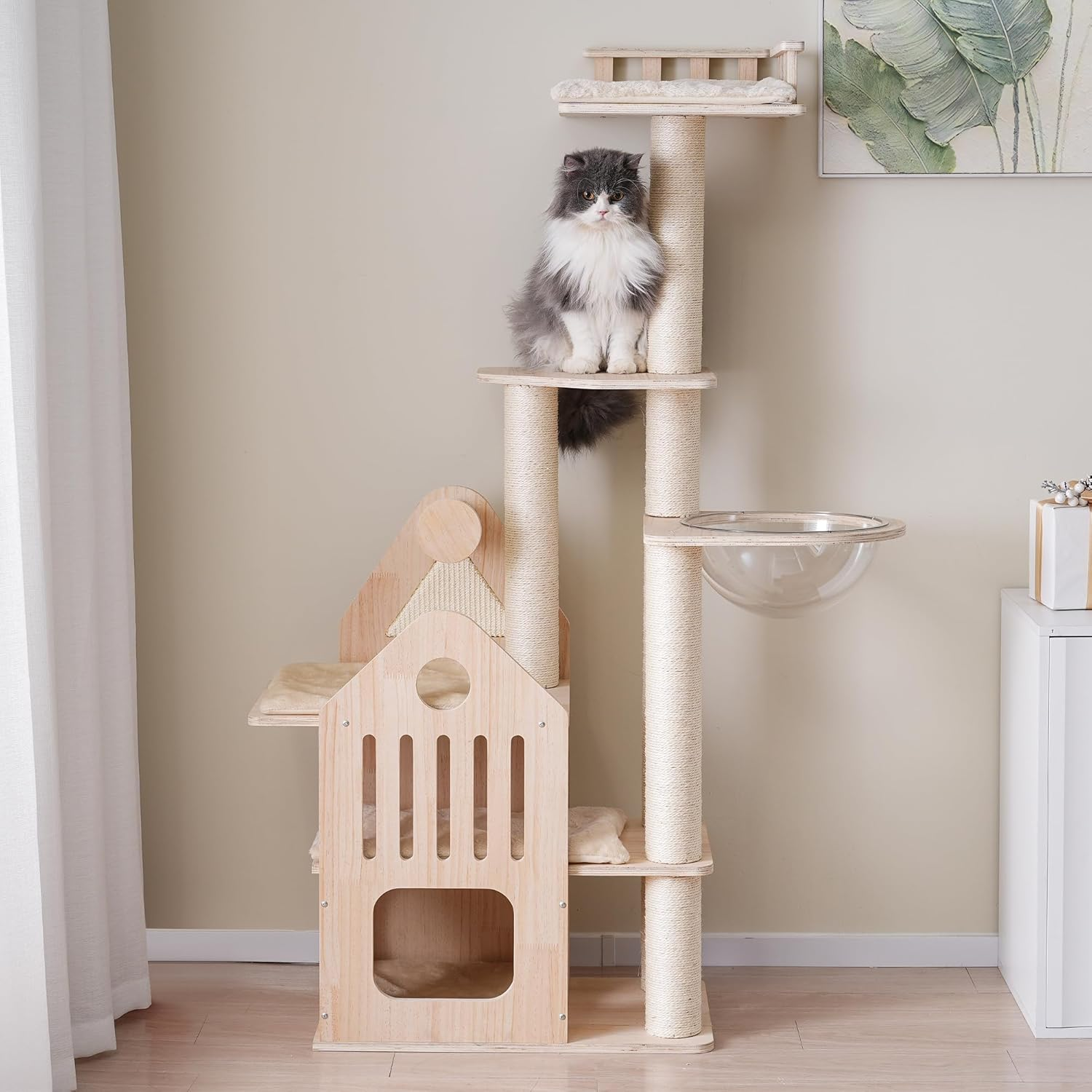 OSJ Cat Tower, House Type, Cat Tower, Multi Headed Cat Tower, Stationary Type, with Mat, Stylish, Cute, Spaceship, Hideaway, Claw Sharpener, Large Cat, Kitten, Pet Supplies image number 1
