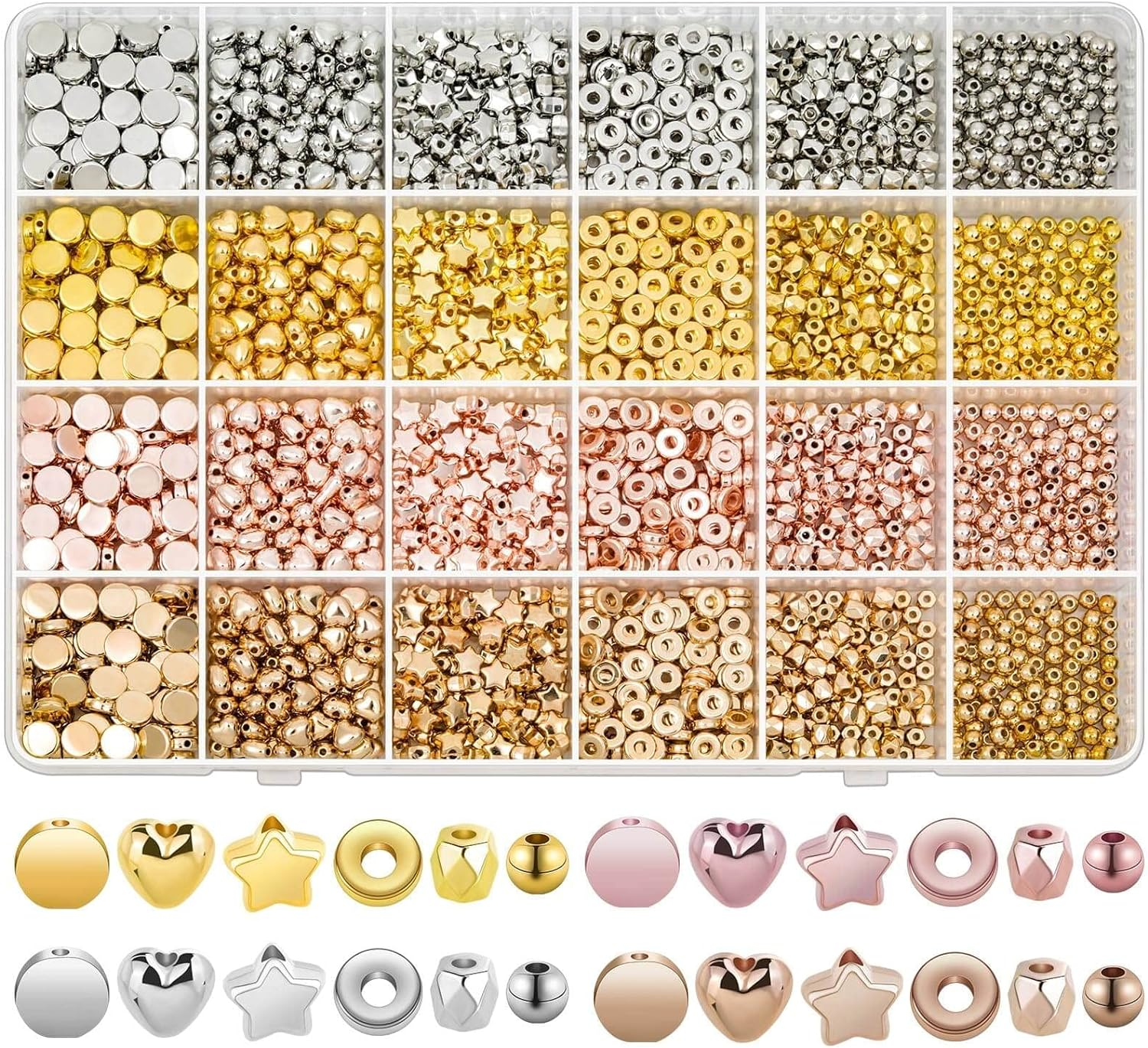 YBVABE Gold Spacer Beads for Jewelry Making, Assorted Bracelet Beads round Rhinestone Beads Star Beads Gold Beads for Bracelet Jewelry Making (Gold, Sliver, Rose Gold, KC Gold)-2140Pcs image number 3