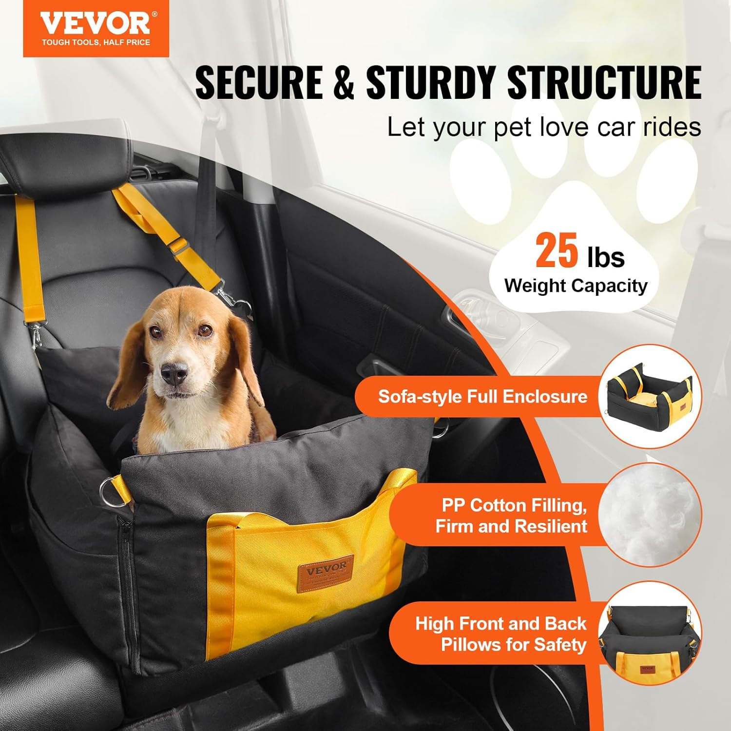 VEVOR Dog Car Seat, Waterproof Dog Booster Seat for Car with Side Handles and a Storage Pocket, Clip-On Safety Leash and PP Cotton Filling, Vehicle Bed for Small Dogs up to 25Lbs, Black - Grey image number 7