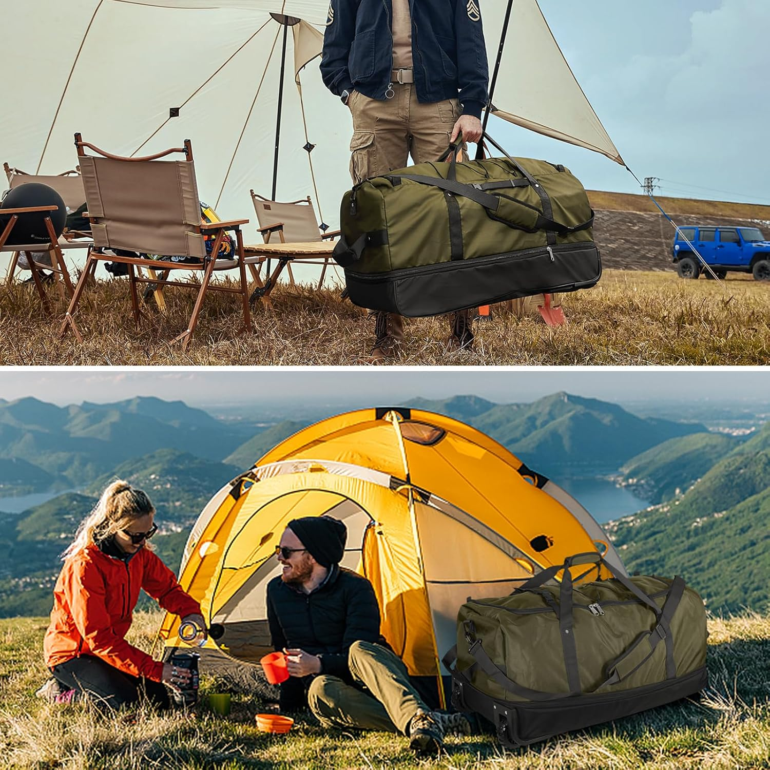 Vomgomfom 32" Soft-Sided Foldable Wheeled Travel Duffel Bag,Expandable 110L to 140L Rolling Cargo Bag with 2 Wheels and Multiple Pockets,Army Green