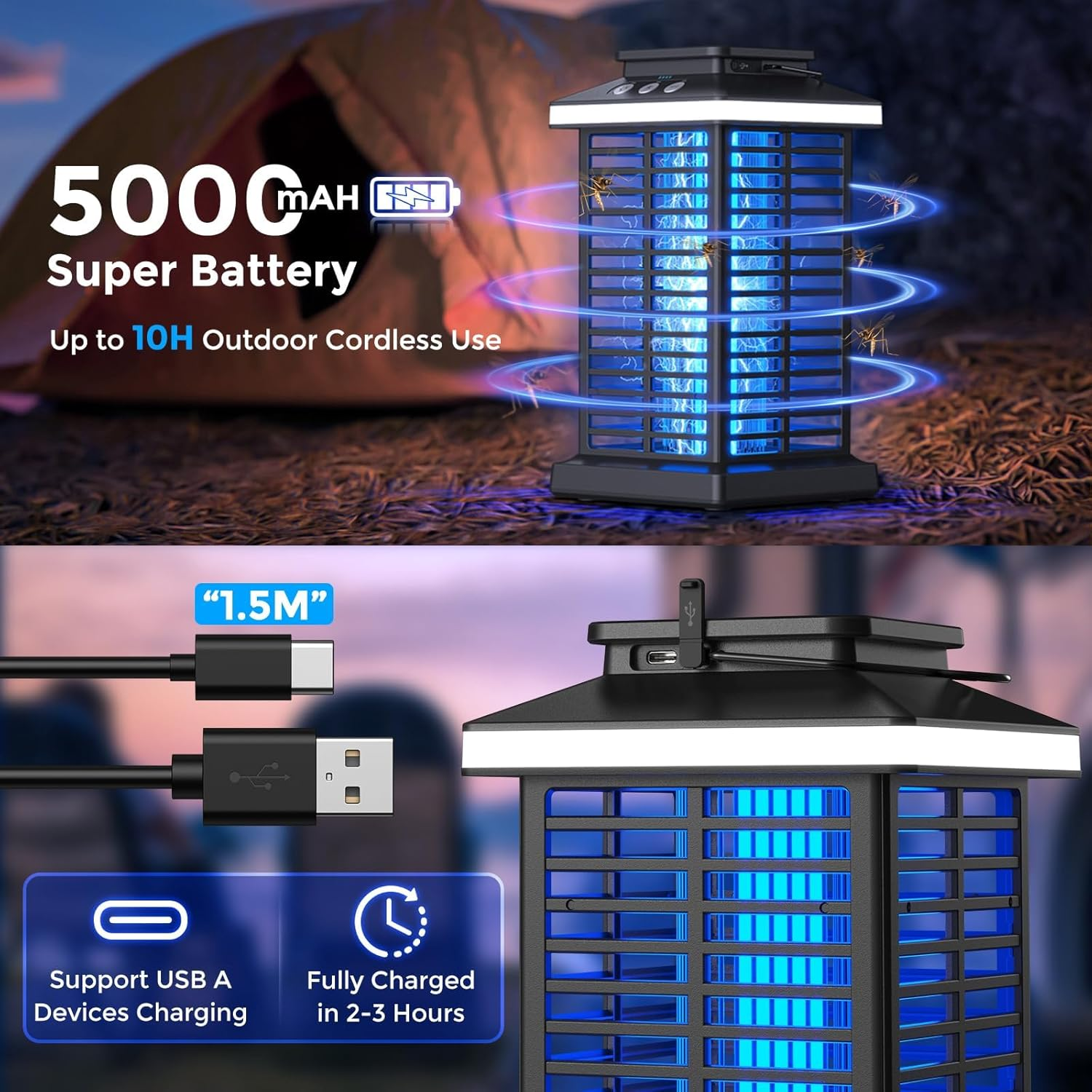 Bug Zapper Outdoor, Mosquito Zapper 2 in 1 Portable & Rechargeable Bug Zapper Outdoor with 5000Mah Battery & LED Night Light, 4000V Electric Fly Zapper for Outside,Patio,Backyard,Garden,Dark Black - Black image number 7