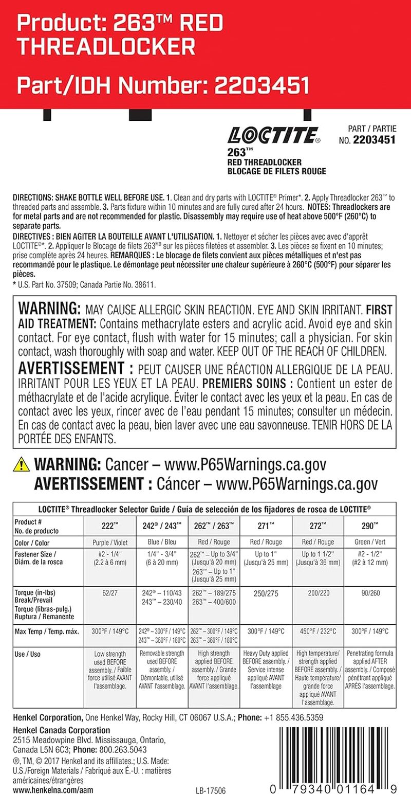 LOCTITE 263 Threadlocker for Automotive: High-Strength, Oil Tolerant, High-Temperature, Fluorescent, Anaerobic, Heavy Duty Applications | Red, 6 Ml Tube image number 3