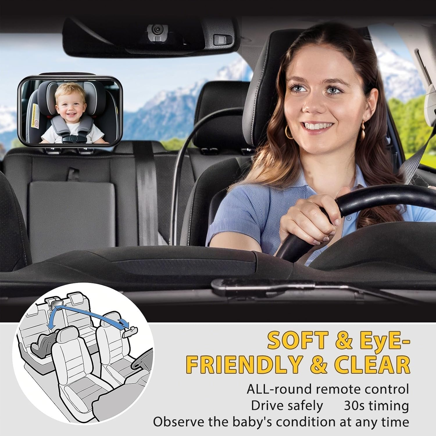 Baby Car Mirror with Night Light, Safety Shatterproof Car Seat Mirror for Child, Hook Clip Design Never Shake, Wide Clear View & 360&deg; Rotation Adjustable Car Mirror, New Born Baby Essentials image number 3