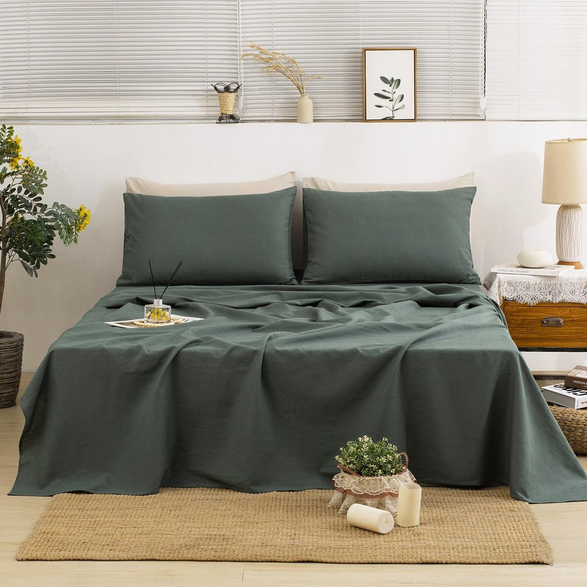 TUMEI 4 Pieces 100% Stonewashed French Linen Bedding Sheets Set, 16" Deep Pocket, 1 Fitted Sheet & 1 Flat Sheet & 2 Pillowcases, Solid Color, Soft & Comfortable (Natural Color, Queen Size)