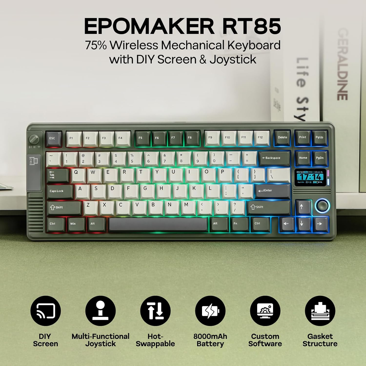 EPOMAKER RT85 Wireless Mechanical Keyboard with Joystick & DIY Screen, 8000Mah, Bt/Usb/2.4Ghz, Hot-Swap, PBT Keycap, Creamy Gasket, 75% Gaming Keyboard, US QWERTY (Army Green, Creamy Jade)