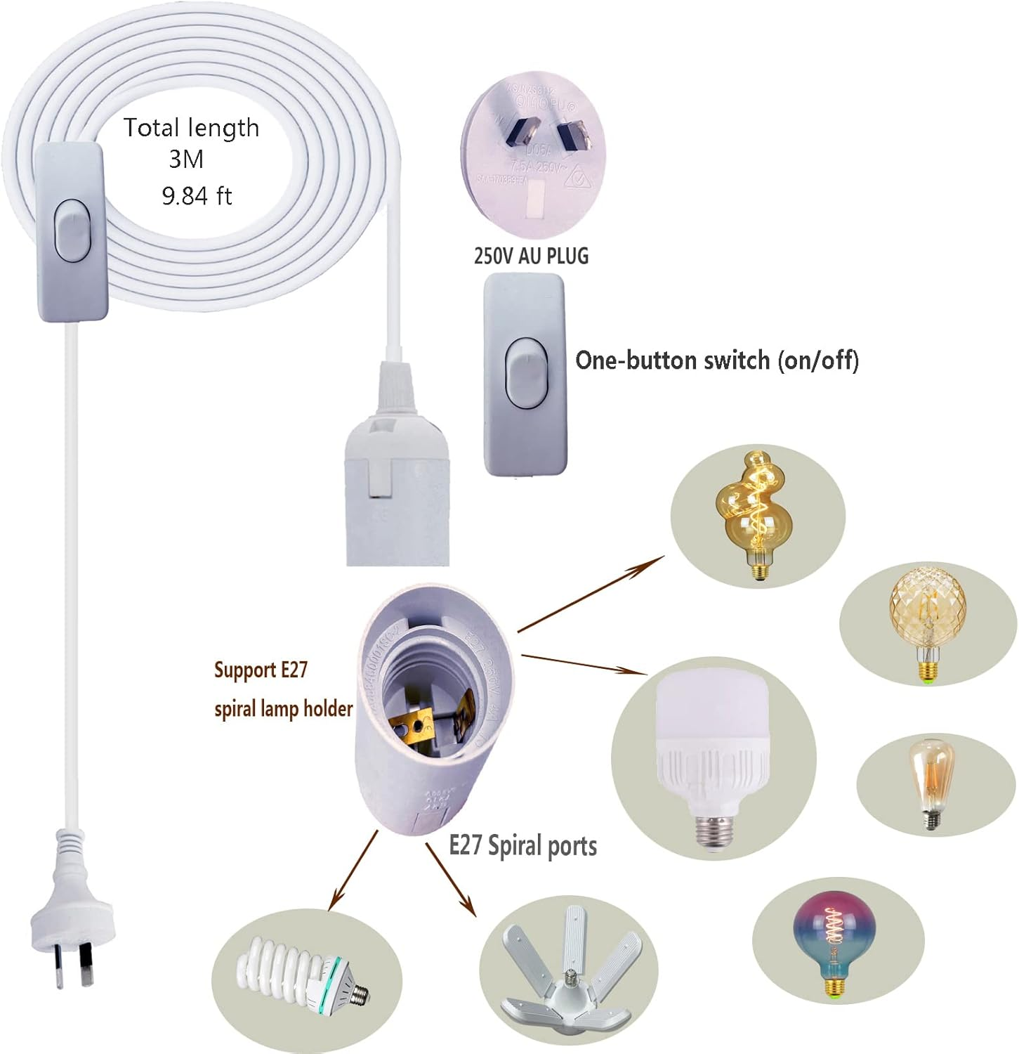 E27 LED Light Bulb Base 3M Extension Cable Cord with On/Off Switch, E26 Lamp Holder Socket AC AU Power Plug, Lights Lamp Bulb Cord for Bedroom Kitchen Plant Growth DIY Hanging Lanterns Pendant Light image number 2