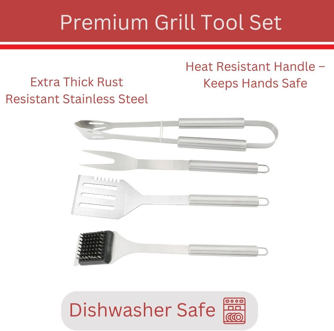 Stainless Steel BBQ Grill Tool Set - BBQ Accessories & Grill Tools, Durable Stainless-Steel Utensils, Spatula, Tongs, Cleaning Brush & More, Grilling Gift for Men, Dad Outdoor Gifts image number 1