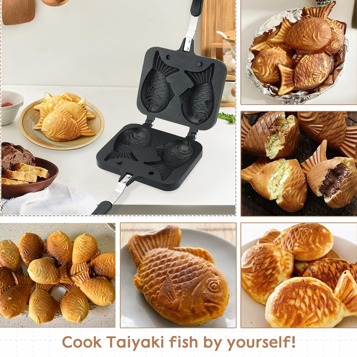 AMGSH Taiyaki Fish Shape Cake Pan Waffle Cake Maker Pan Fish-Shaped Pancake Double Pan Mold for Home Cooking with Silicone Oil Brush
