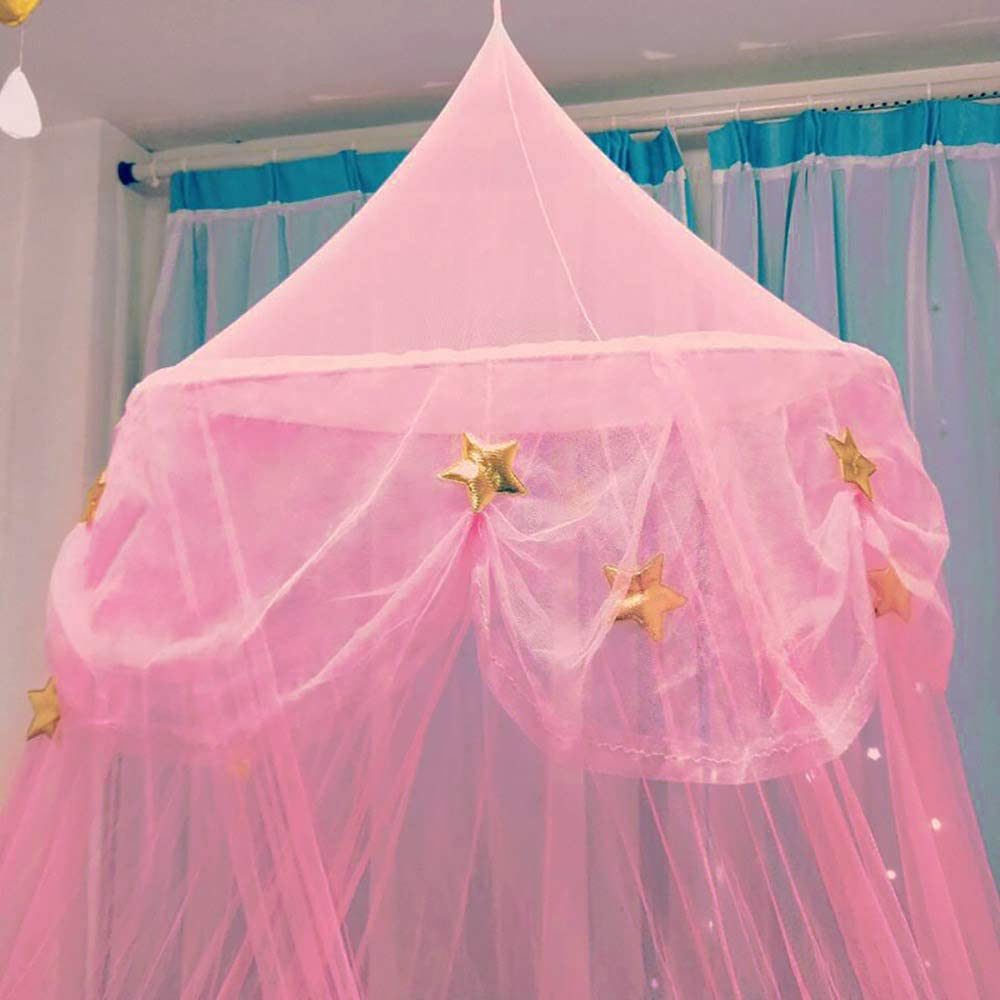 Bed Canopy for Girls with Glow in the Dark Stars Moons, Princess Canopy Dome Mosquito Net Birthday Gifts for Kids Bedroom Decor Pink image number 3
