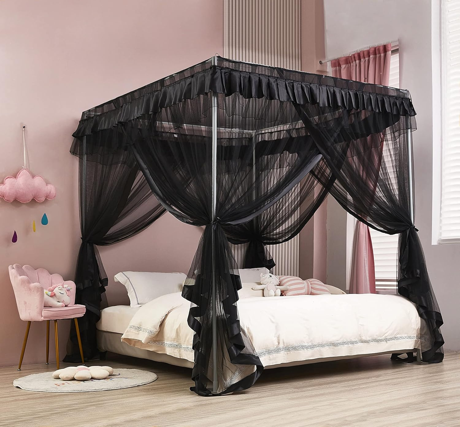 Princess 4 Corners Post Bed Curtain Canopy Netting (Full, Black) image number 4