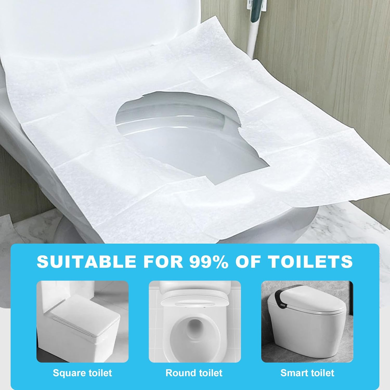 100PCS Disposable Flushable Toilet Seat Covers &ndash; Travel Essentials for Public Restrooms, Airplane, Camping & Outdoor Use &ndash; Hygienic Paper Covers for Men & Women image number 1