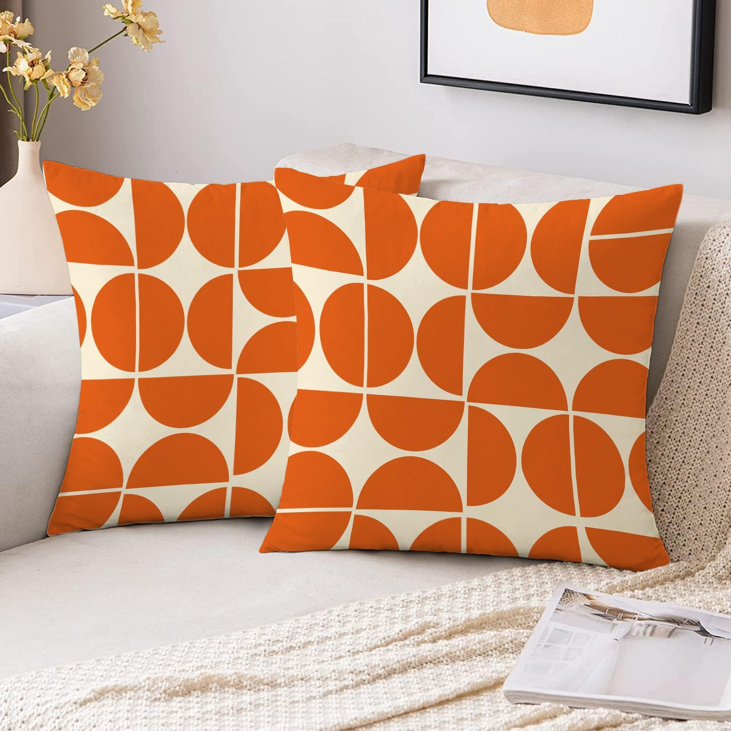 Orange Mid Century Pillow Covers 70S 80S Retro Throw Pillow Covers Morden Abstract Geometric Decorative Square Cushion Case for Sofa Bedroom Car 18X18 Inch image number 4
