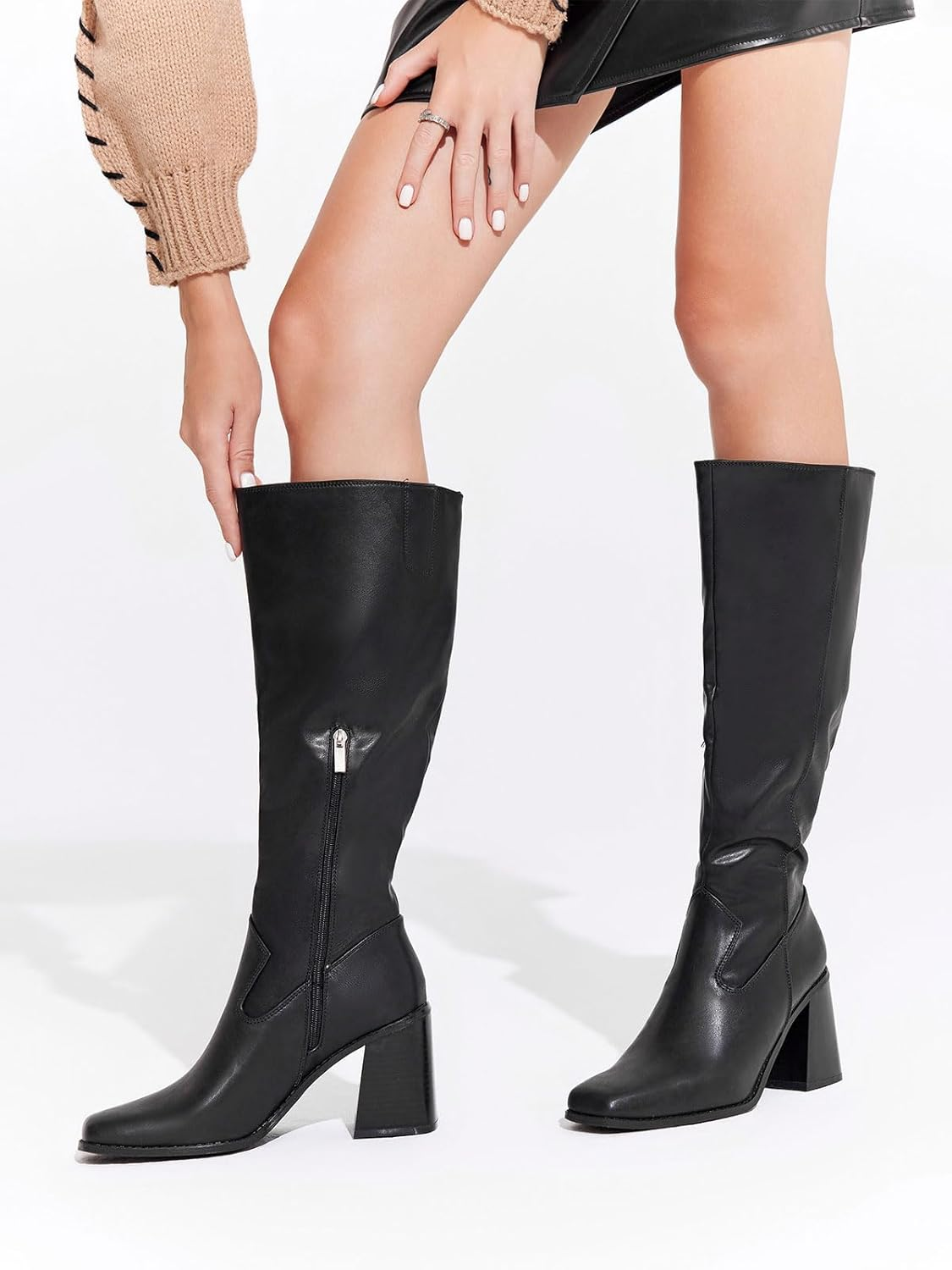 Coutgo Women'S Knee High Boots Wide Calf Square Toe Chunky Heeled Pull-On Leather Boots image number 3