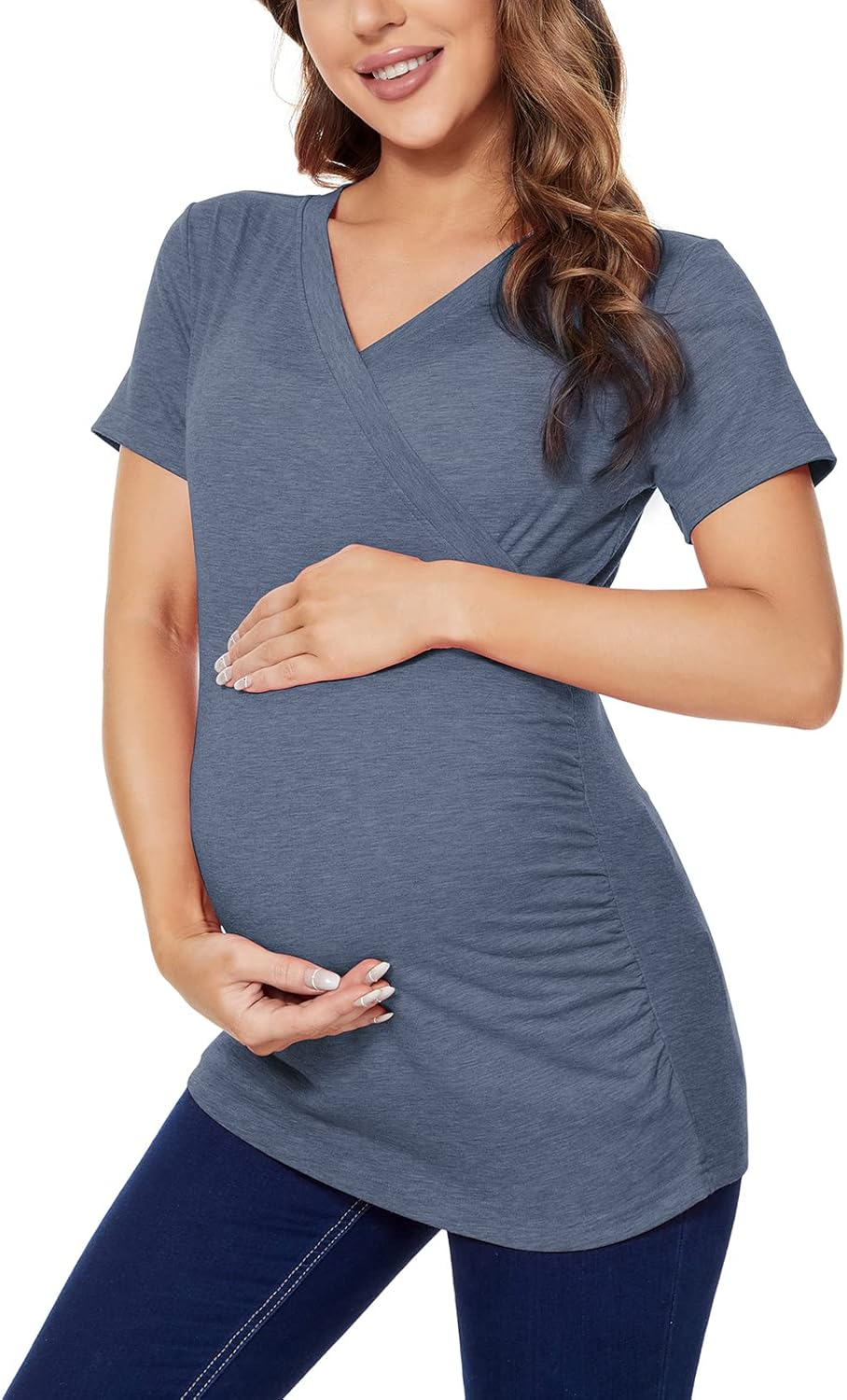 Liu & Qu Womens Maternity Nursing Tops Short Sleeve Breastfeeding Shirts Heather V Neck Clothes image number 6