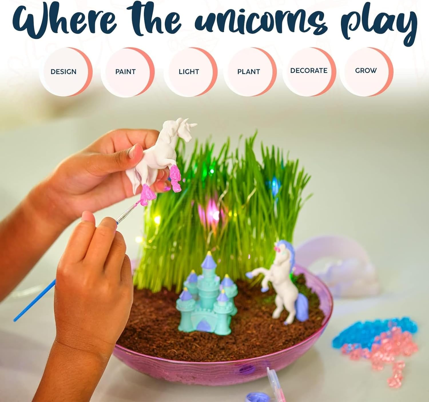 BRYTE Light up Unicorn Terrarium Kit - Blue & Pink round Plastic Dome, Ages 4-12 - Fairy Garden Kids Kit with Seeds & Terrarium Rock image number 5