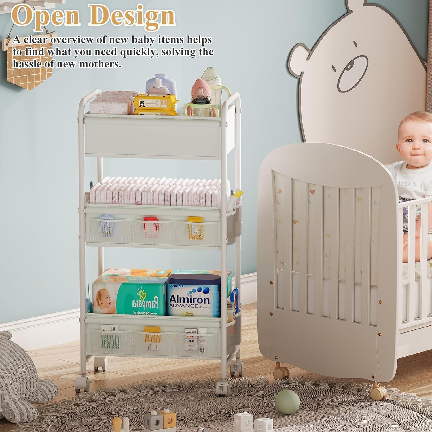 3-Tier Baby Diaper Caddy Cart Organizer, Mobile Nursery Organization with Wheels, with 2 Dividers & 14 Mesh Pockets Durable Metal Utility Cart for Nursery, Bedroom, Bathroom Essentials Organization image number 6