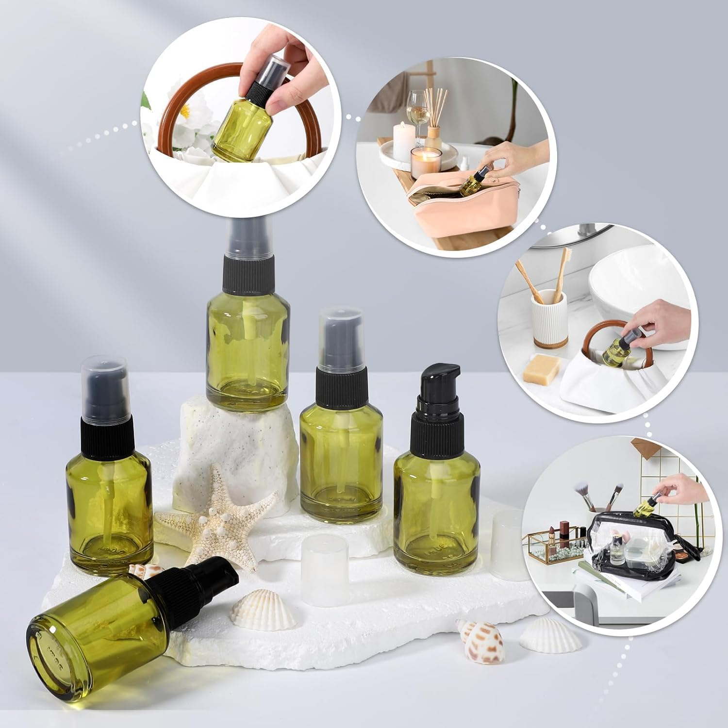 IONPSHG ﻿6 Pcs Glass Pump Bottle 30Ml Green Pump Bottle Dispenser Refillable and Portable Liquid Foundation Container Small Travel Bottles for Liquids a Must-Have for Travelling