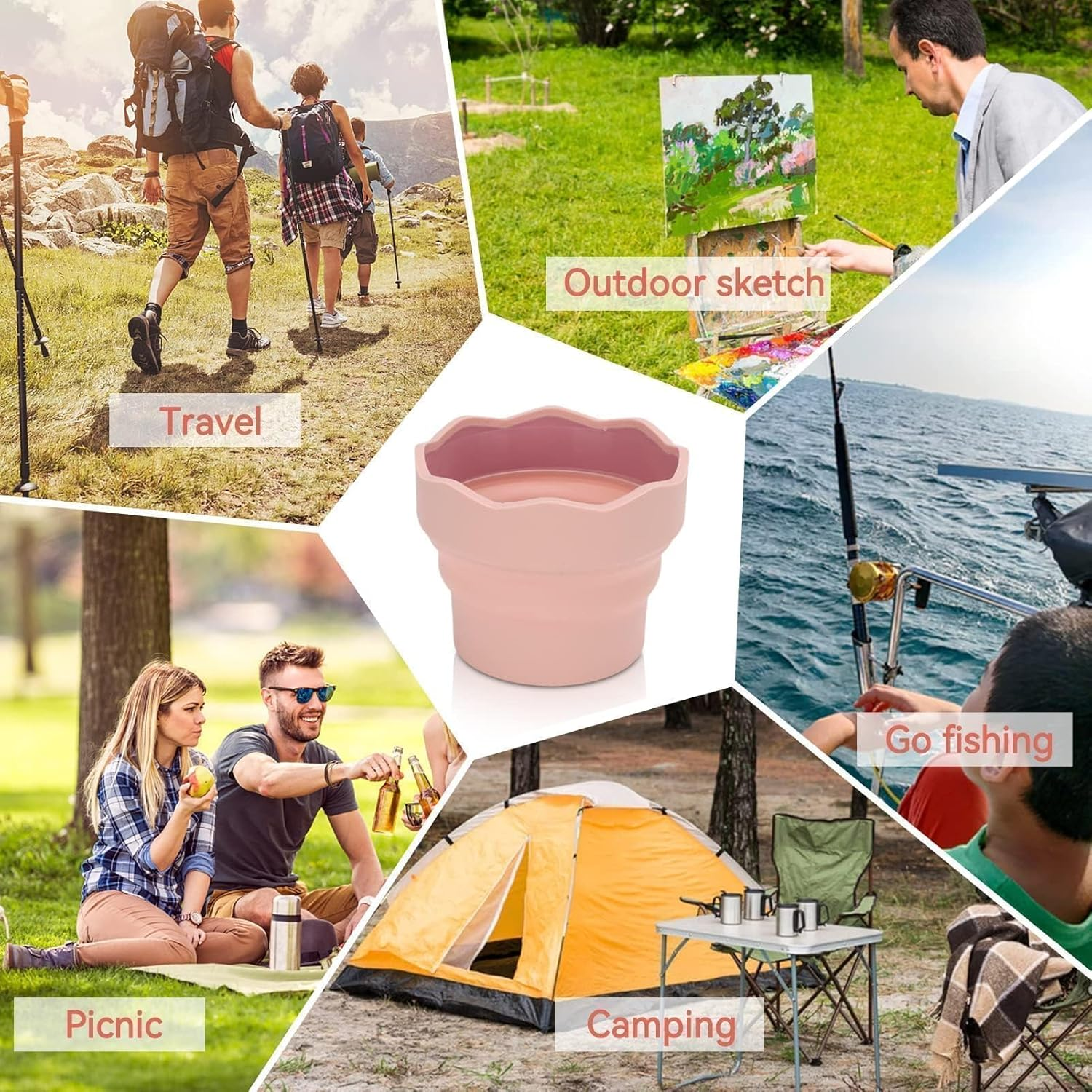 2PCS Collapsible Paint Brush Washer, Portable Silicone Washing Bucket Brush Holder Brush Cleaner Painting Water Cup Collapsable Cups for Watercolor Oil Painting(Pink) - Pink image number 1