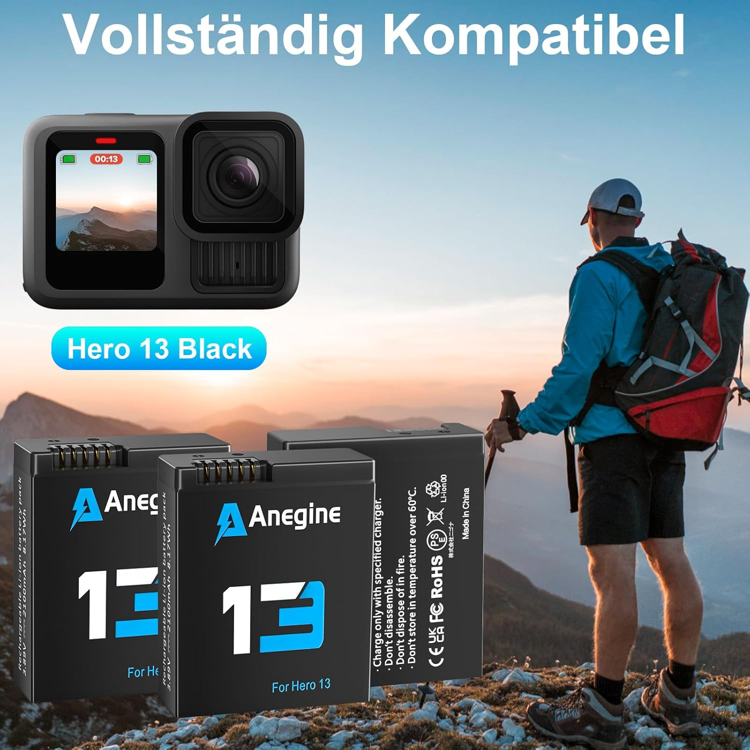 Go Pro Hero 13 Battery 2100Mah and LED 3-Slot Storage Charger for Gopro Hero 13 Black Enduro Rechargeable Battery with Type-C (3-Pack)