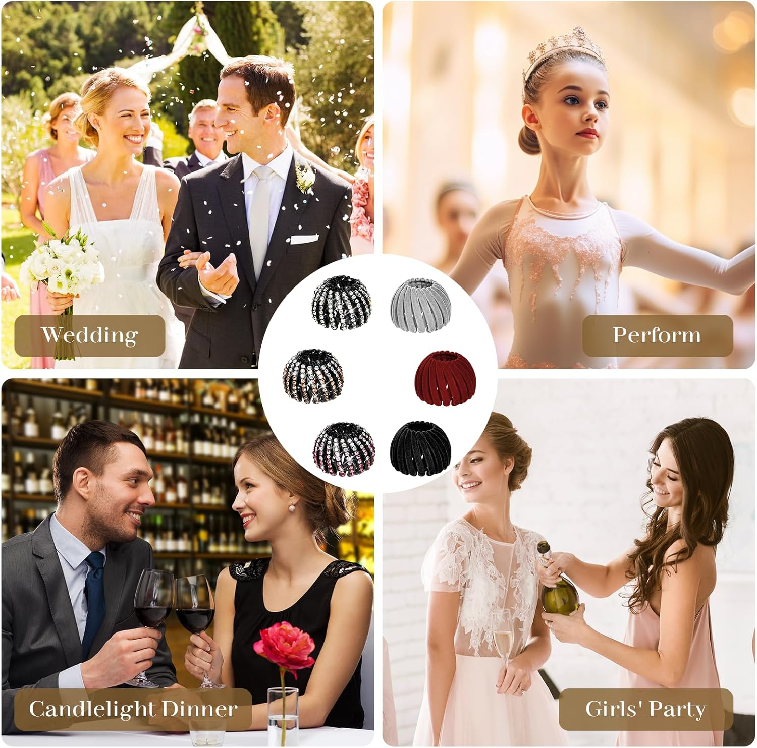 DIQIUREN 6 PCS Expandable Birds Nest Hair Clip Accessories for Women and Girls, 3 PCS Rhinestone Bird Nest Magic Hair Clip for Ponytail Holder and 3 PCS Fixed Velvet Birds Nest Hair Clips for Women image number 5