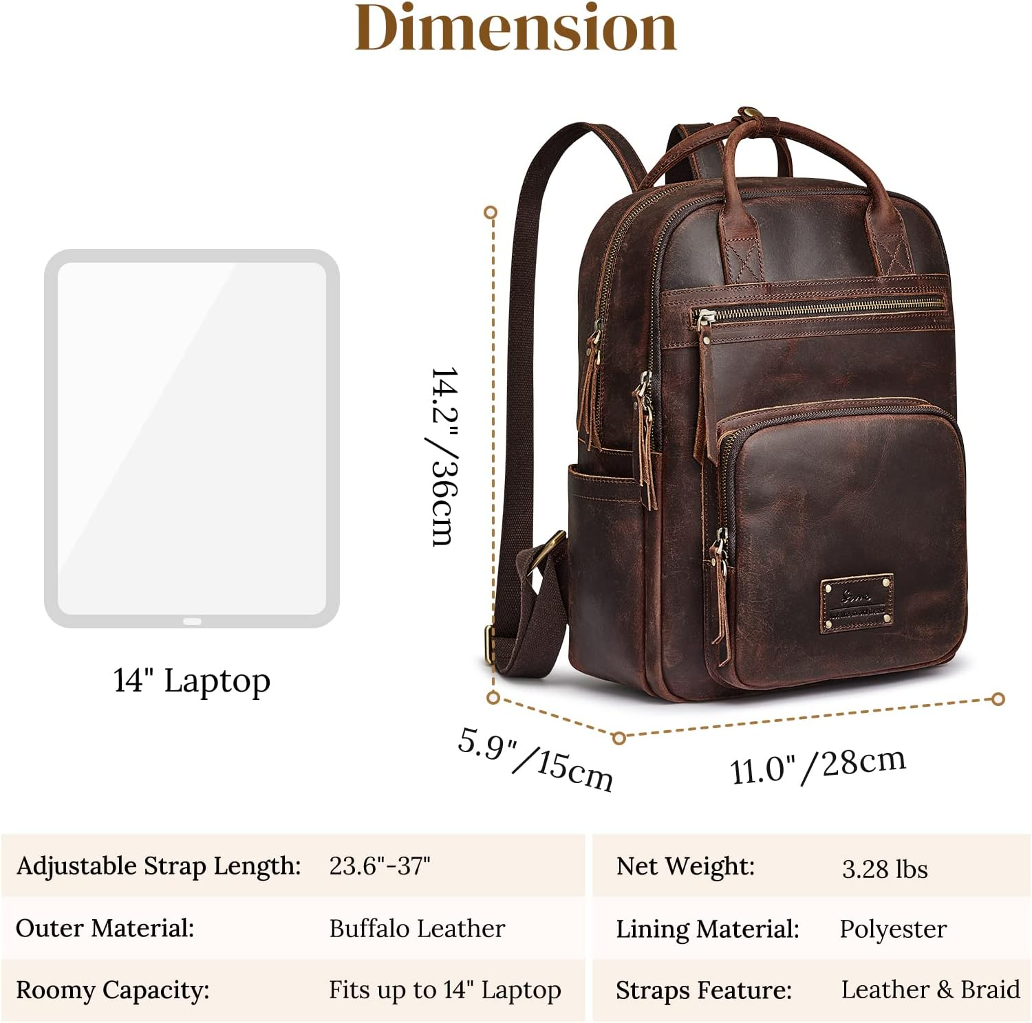 S-ZONE Vintage Genuine Leather Backpack Purse for Women Men Rucksack Travel Daypack with Luggage Sleeve image number 3