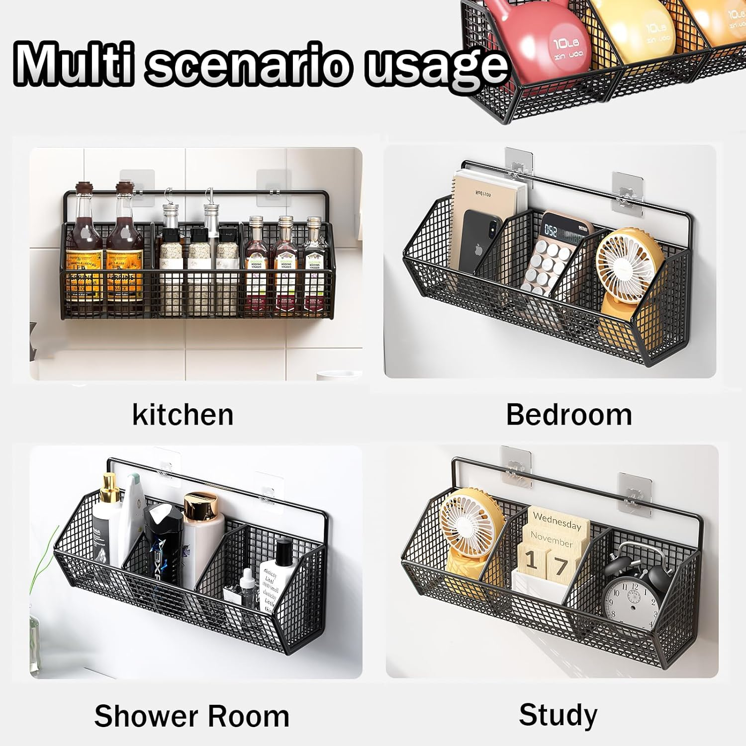 Metal Hanging Fruit Basket for Kitchen Wall,3 Grids Metal Wire Fruit Vegetable Baskets,Bathroom Wall Storage Basket,Rust-Resistant Sturdy Fruit Vegetable Baskets（Black） image number 1