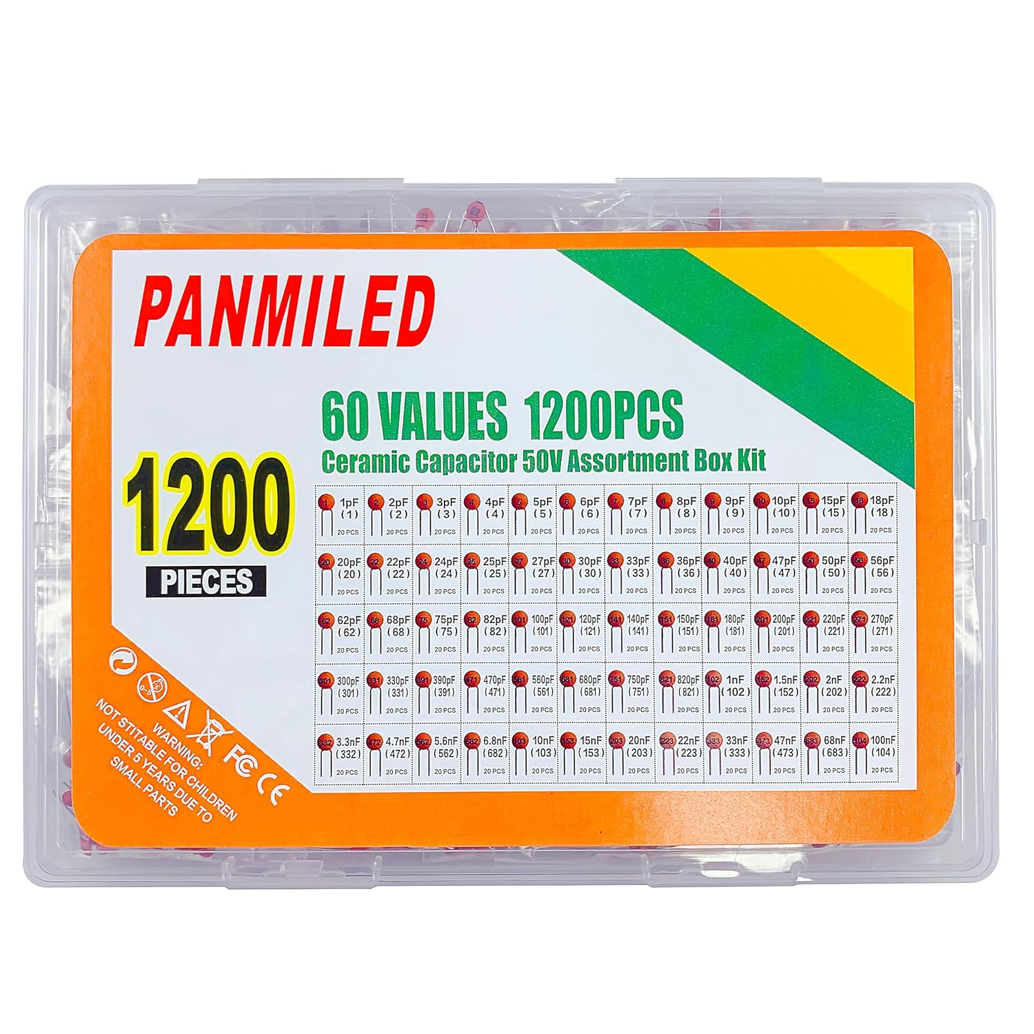 PANMILED 60 Values 1200 Pieces Ceramic Capacitor 1Pf-100Nf 50V Multilayer Monolithic Chip Capacitors Assortment Kit