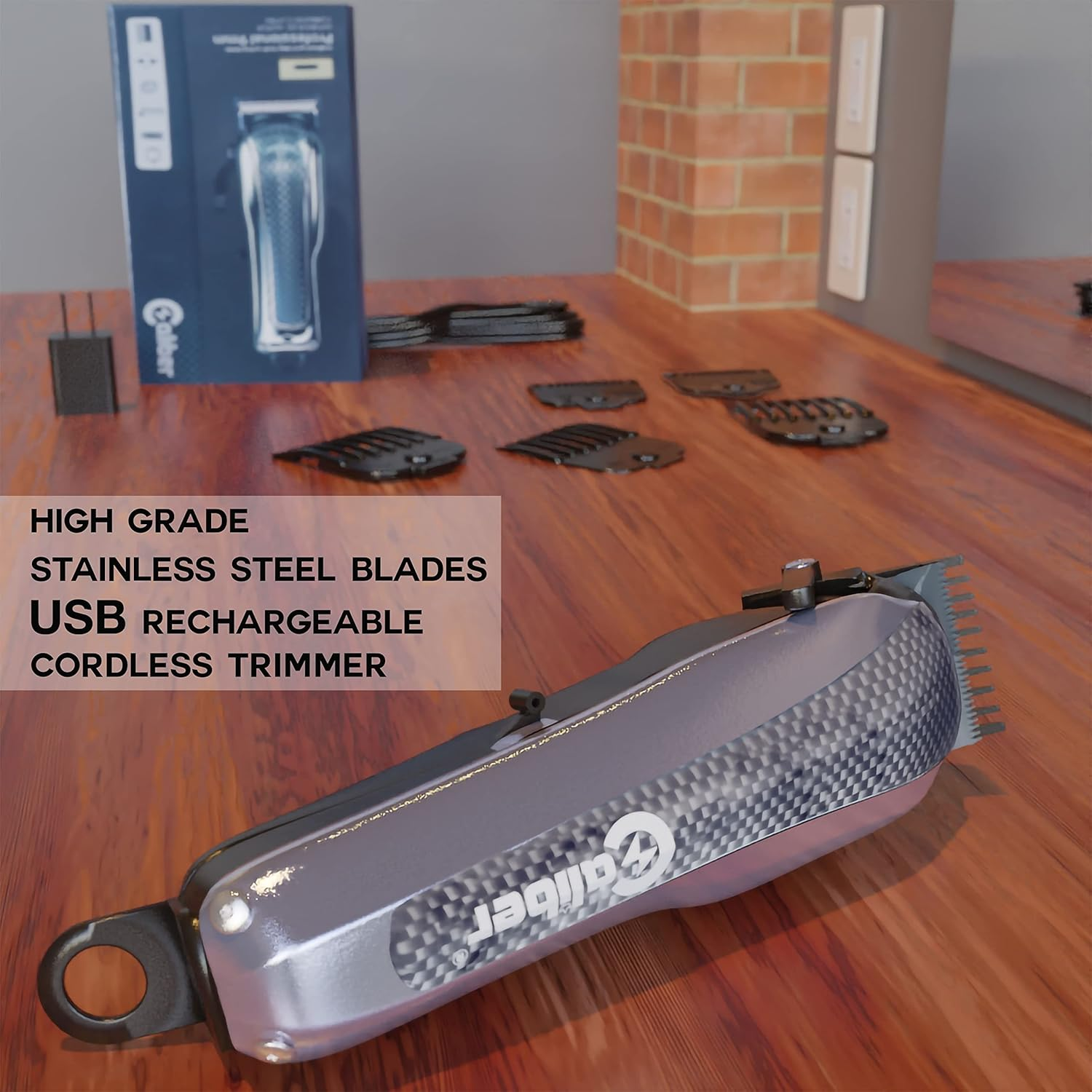 Caliber Pro 9MM Mabuchi Clipper - Professional Hair Cutting Tool Set - Cordless Electric Clippers with 5 Comb Guards, Blade, Oil, USB Charging Cord & Brush - Personal Hair Grooming Kit for Men image number 3