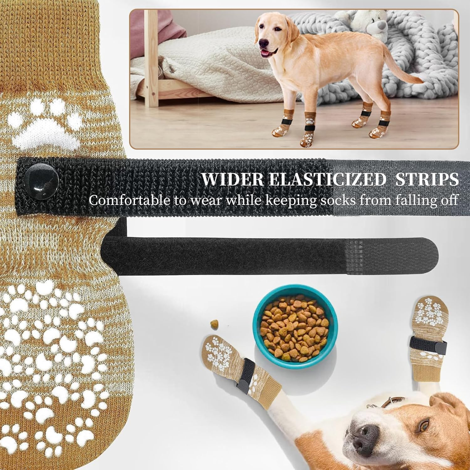 4 PCS Premium Non-Slip Dog Socks for Hardwood Floors &ndash; Anti-Slip Breathable Socks with Extra-Thick Grips & Straps&ndash; Stops Licking, Prevents Slipping & Protects Paws - Ideal for Dogs (Brown, L) image number 5
