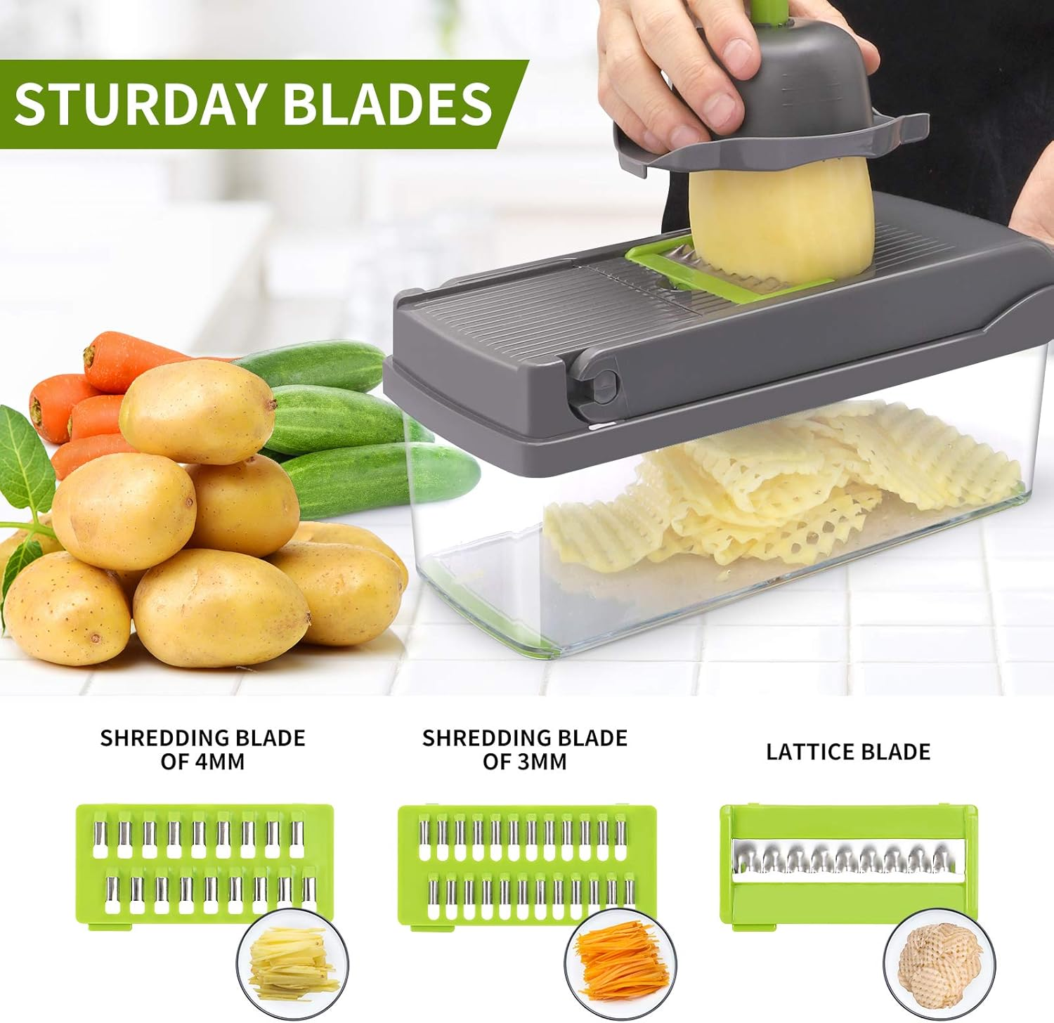 Senbowe Vegetable Chopper, Multifunctional 16-In-1 Food Choppers Onion Chopper Vegetable Slicer Cutter Dicer Veggie Chopper with 8 Blades,Colander Basket,Container for Salad Potato Carrot Garlic - Gray+Green image number 3