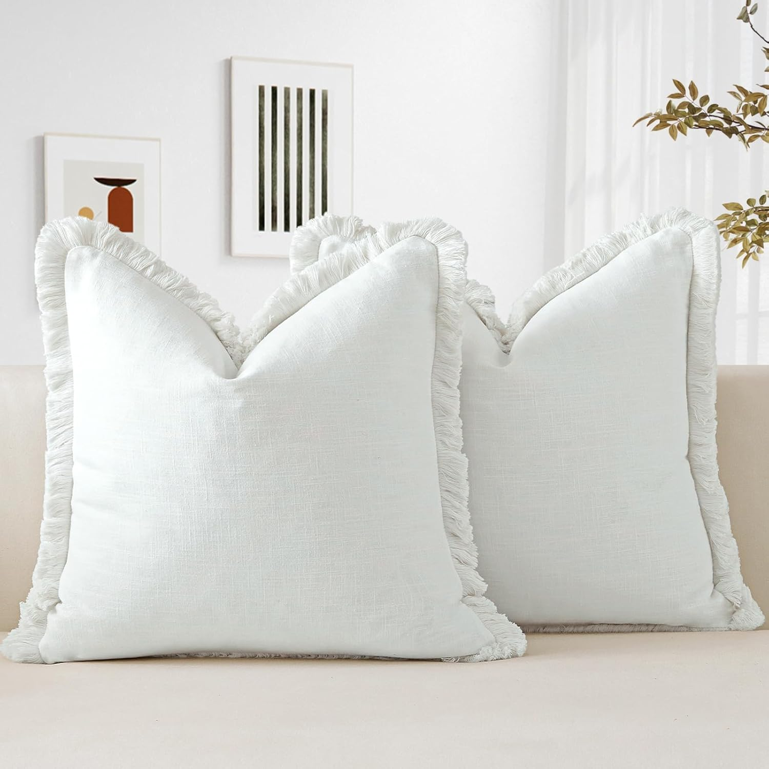 Set of 2 Decorative Fringe Throw Pillow Covers Cozy Boho Farmhouse Cushion Cover with Tassels Soft Accent Pillowcase for Couch Sofa Bed Living Room Home Decor,50Cm&times;50Cm,White - Green image number 2