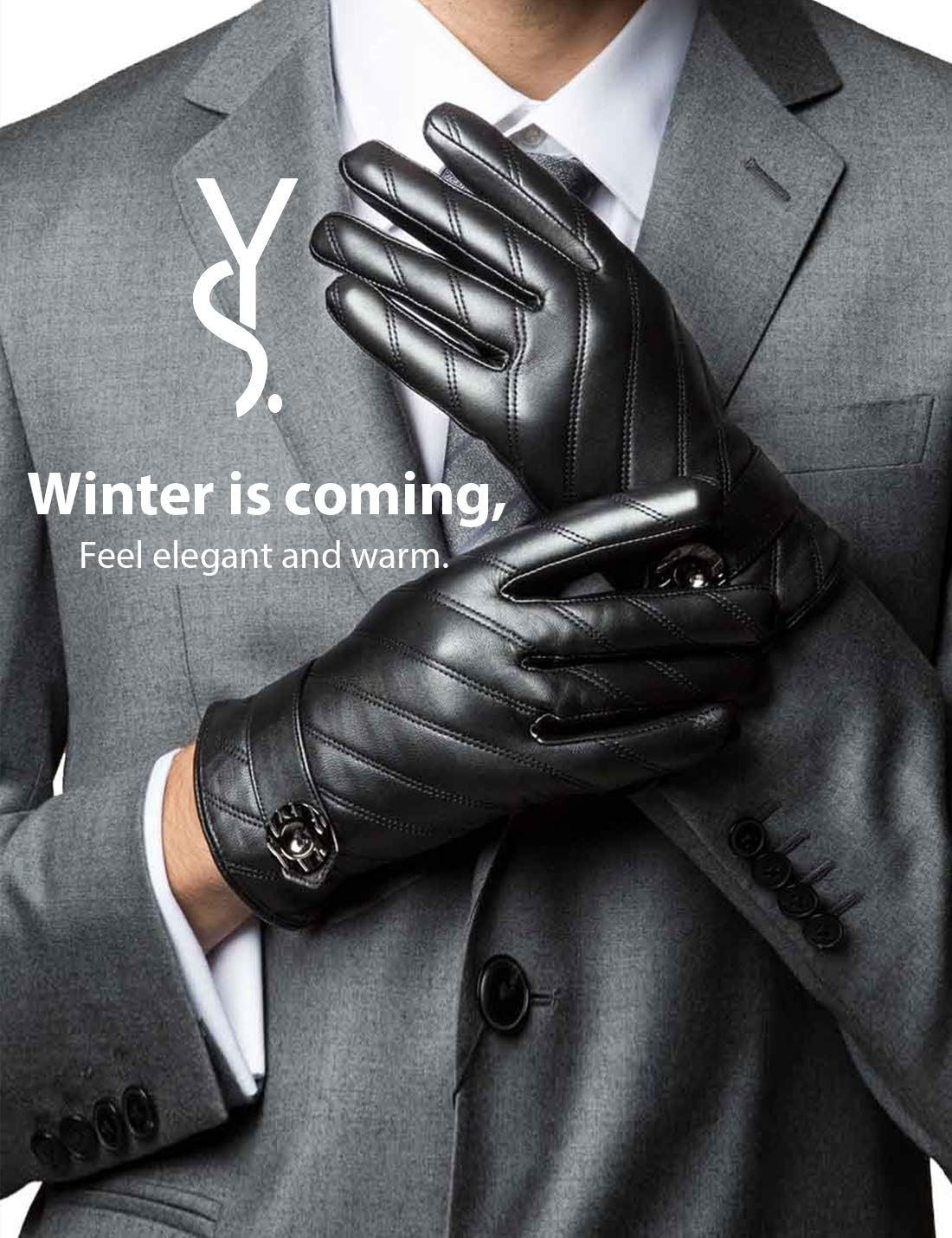 YISEVEN Men'S Touchscreen Lambskin Leather Gloves Fleece Lined Diagonal Stripe and Button Belt Luxury Stylish for Winter Hand Warm Fur Lined and Motorcycle Driving Christmas Xmas Gift Black 9/M image number 3