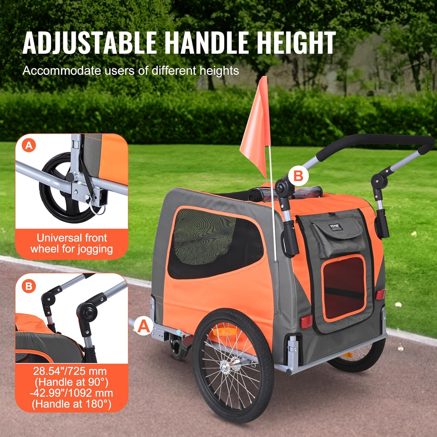 VEVOR Dog Bike Trailer, Supports up to 66/88/100 Lbs, 2-In-1 Pet Stroller Cart Bicycle Carrier, Easy Folding Cart Frame with Quick Release Wheels, Universal Bicycle Coupler, Reflectors, Flag image number 2