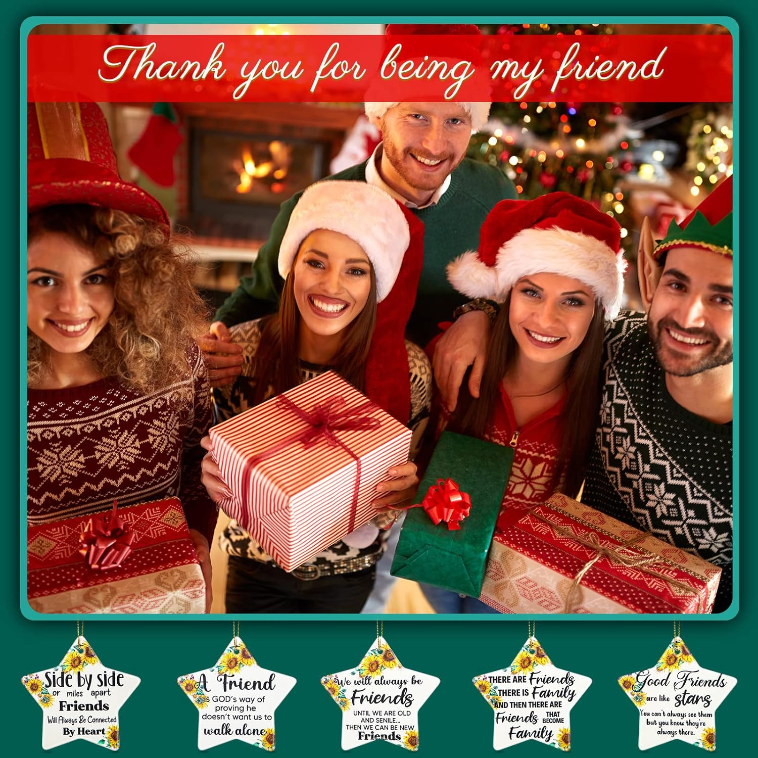 Youyole 5 Pieces Christmas Friendship Gifts Ceramics Ornament Tree Ornaments Best Friend Inspirational Gift Appreciation Keepsake Hanging Sign and Black Flannel Bag for Woman Birthday (Star) image number 5