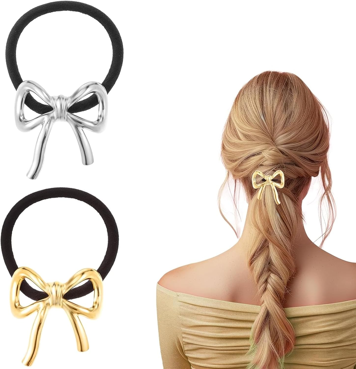 ASOMI 2 Pieces Metal Hair Ties for Women Bow and Ponytail Holder Elegant Rubber Bands for Long Thick Thin Curly Hair (Gold, Silver) image number 3