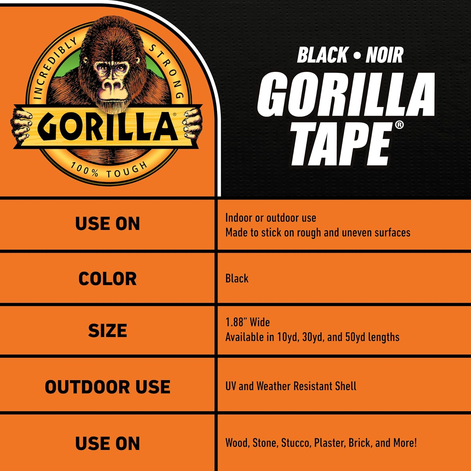 Gorilla Heavy Duty 32M Extra Long Double Adhesive Duct Tape - 48Mm Wide Black Gorilla Tape Heavy Duty All Weather Strong Tape - Moisture Resistant - Pack of 1