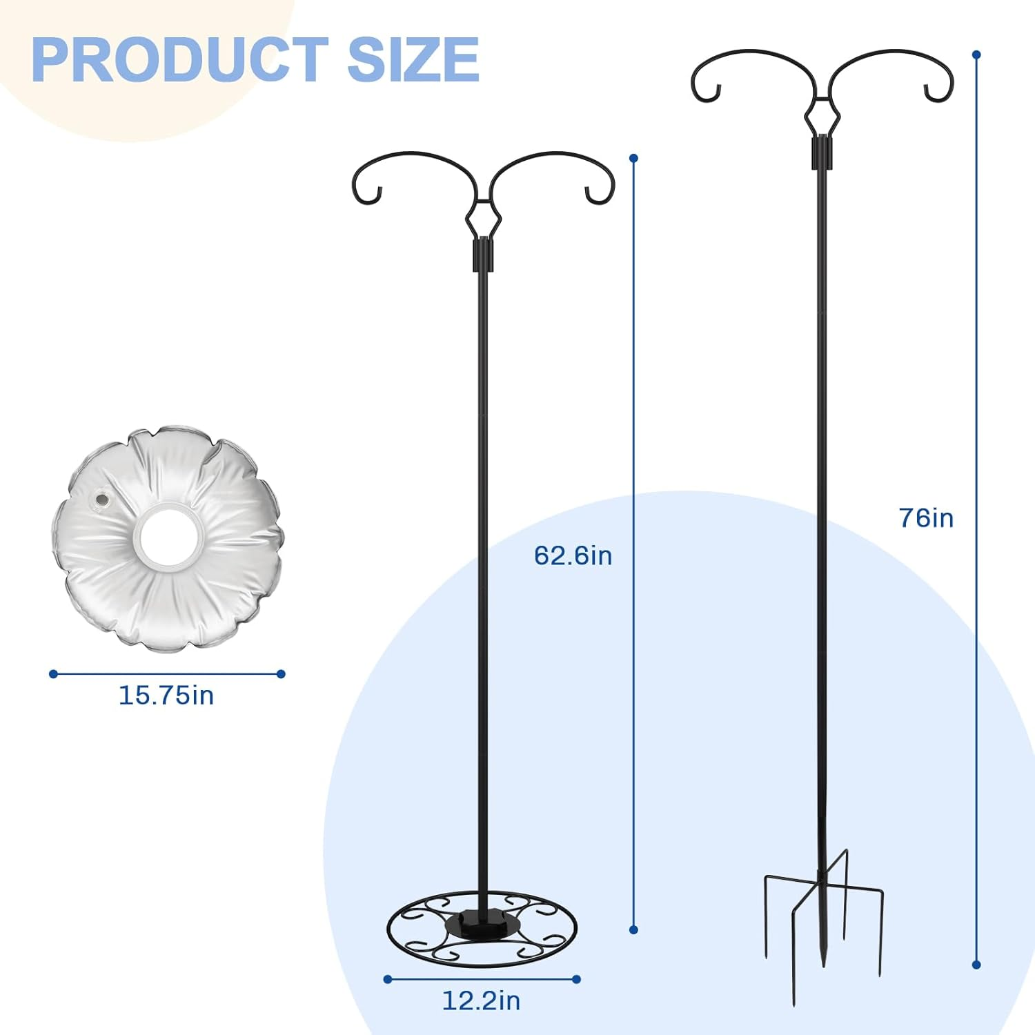 Liitrton 62.6 Inch Shepherds Hooks for Outdoor, Adjustbale Double Shepherds Hooks Hummingbird Feeder Stand Bird Feeder Pole Wind Chime Stand with round Base, 4 Prongs Base and Water Weight Bag image number 3