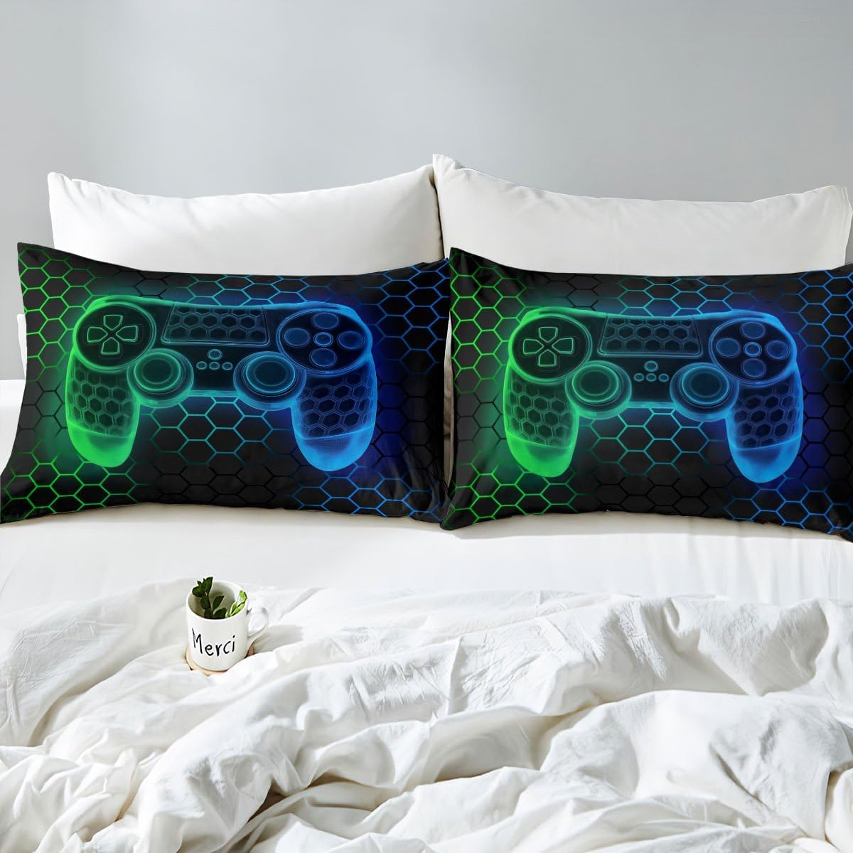 Loussiesd Kids Gamer Honeycomb Duvet Cover Set Single Size for Boys Girls Teens Gaming Geometric Bedding Set Blue Green Neon Gamepad Comforter Cover with 1 Pillowcase Game Room Decor Beds Set image number 1