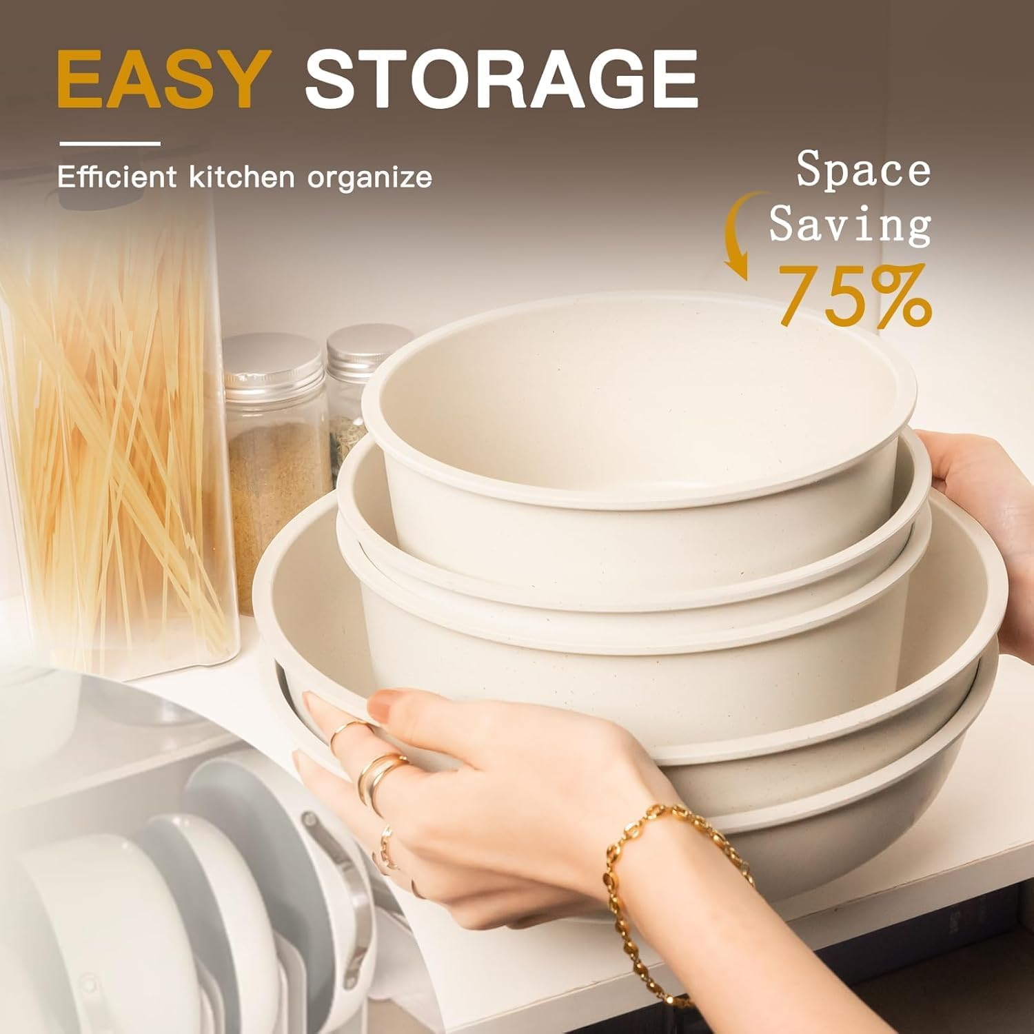 22 Piece Pots and Pans Set, Nonstick Cookware Sets Removable Handles, Cream Induction Cookware Non Stick Cooking Set W/Frying Pans & Saucepans(Pfos, PFOA Free) image number 2